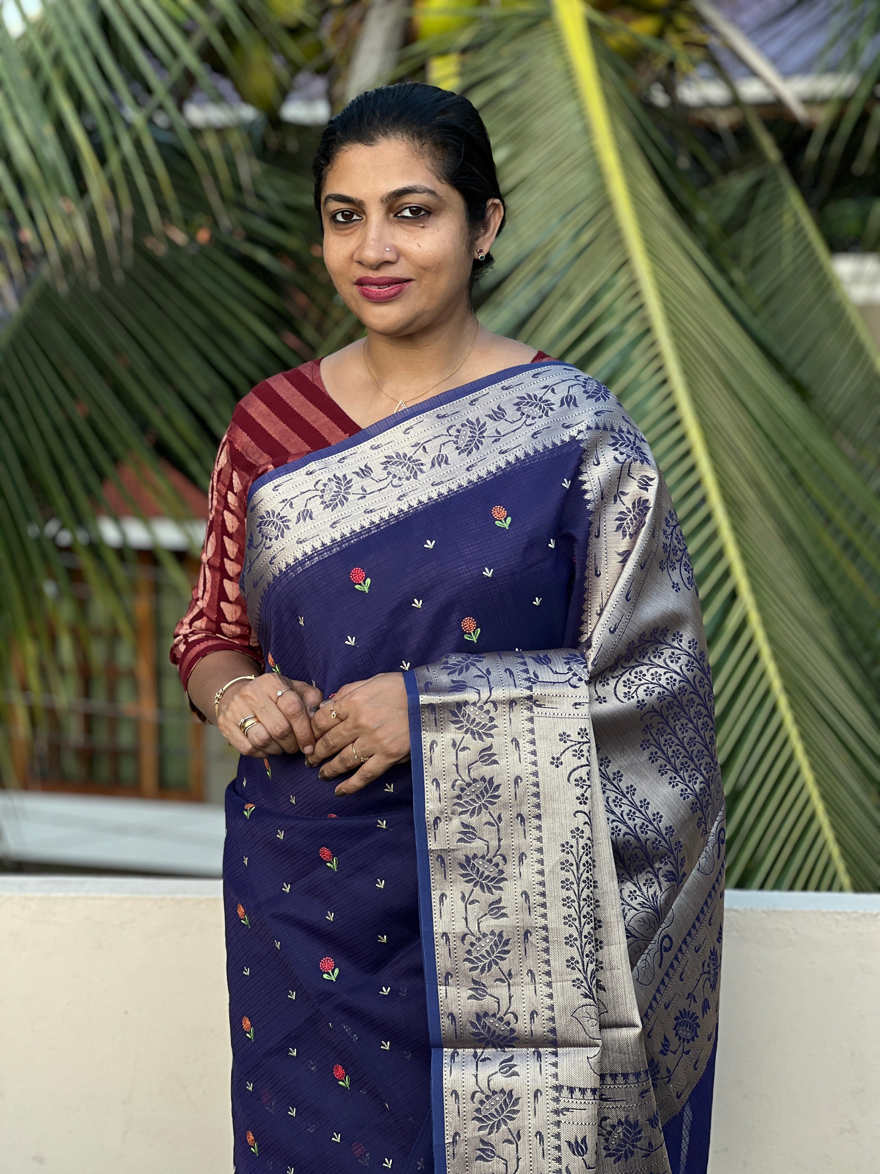 Computerized Floral Embroidery Check Organza Saree | RR189