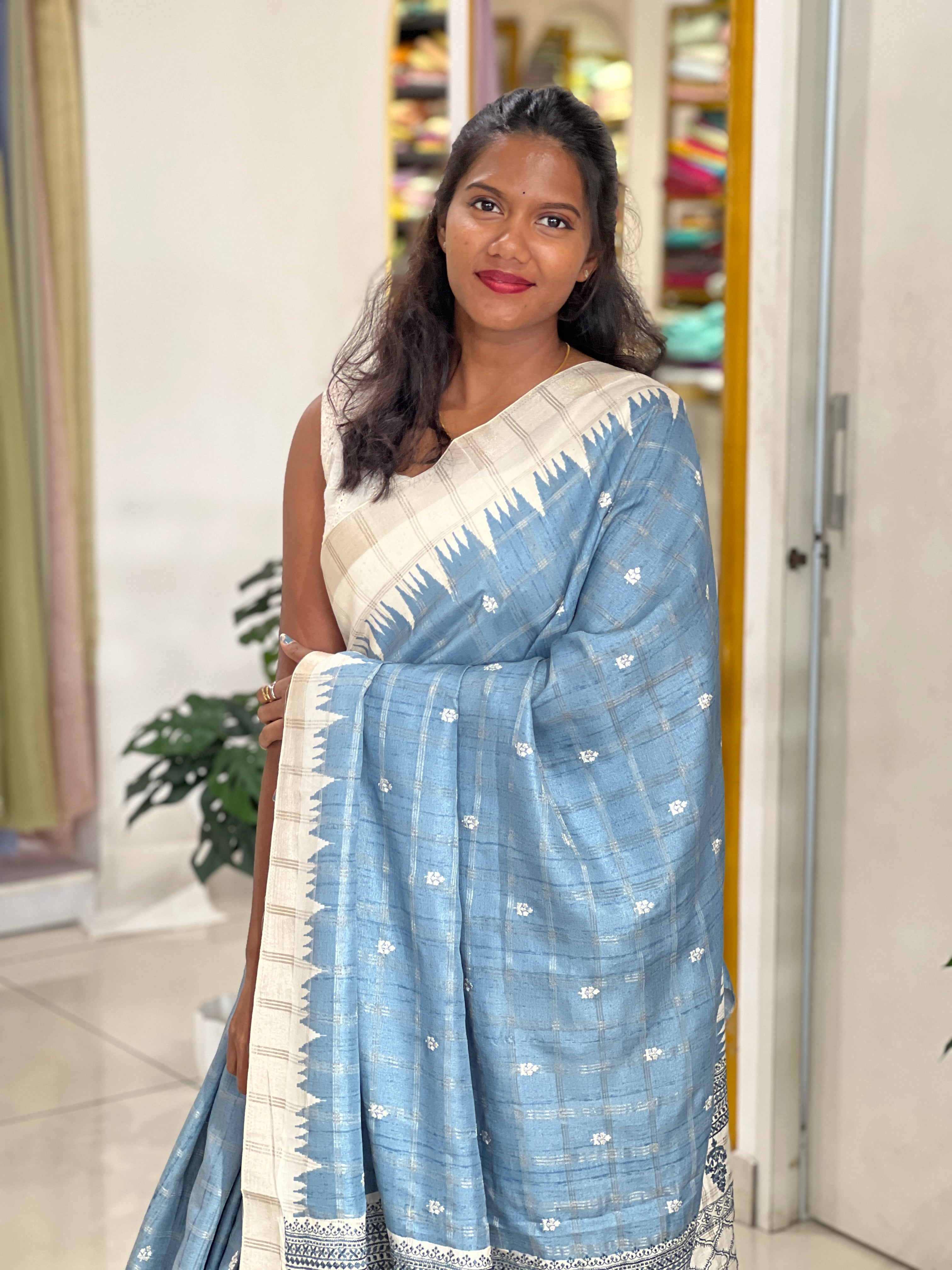 Machine Embroidery Semi Tussar Saree | SSN387