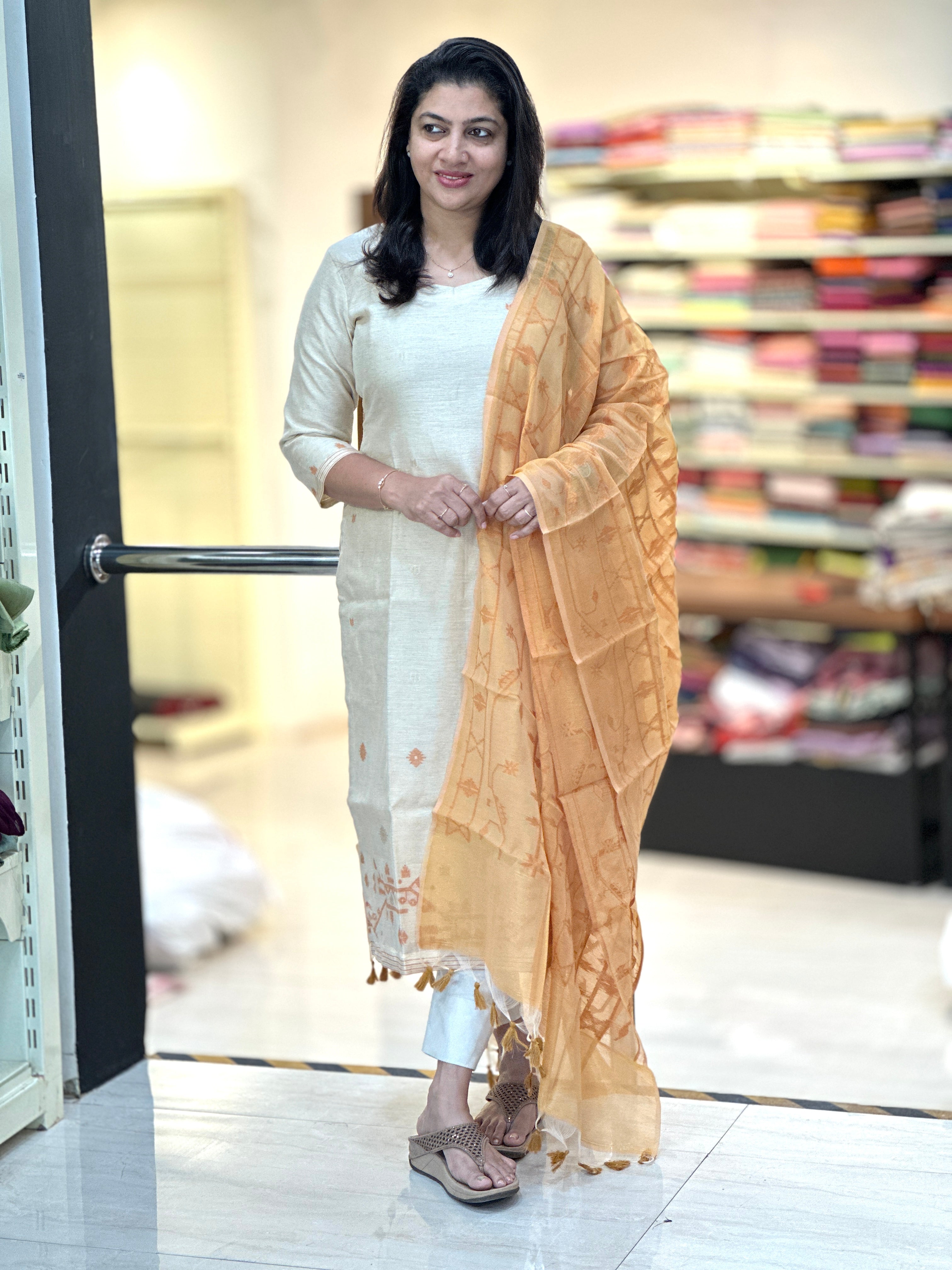 Jamdani Woven Chanderi-Linen Finish Unstitched Salwar Set | SSN469