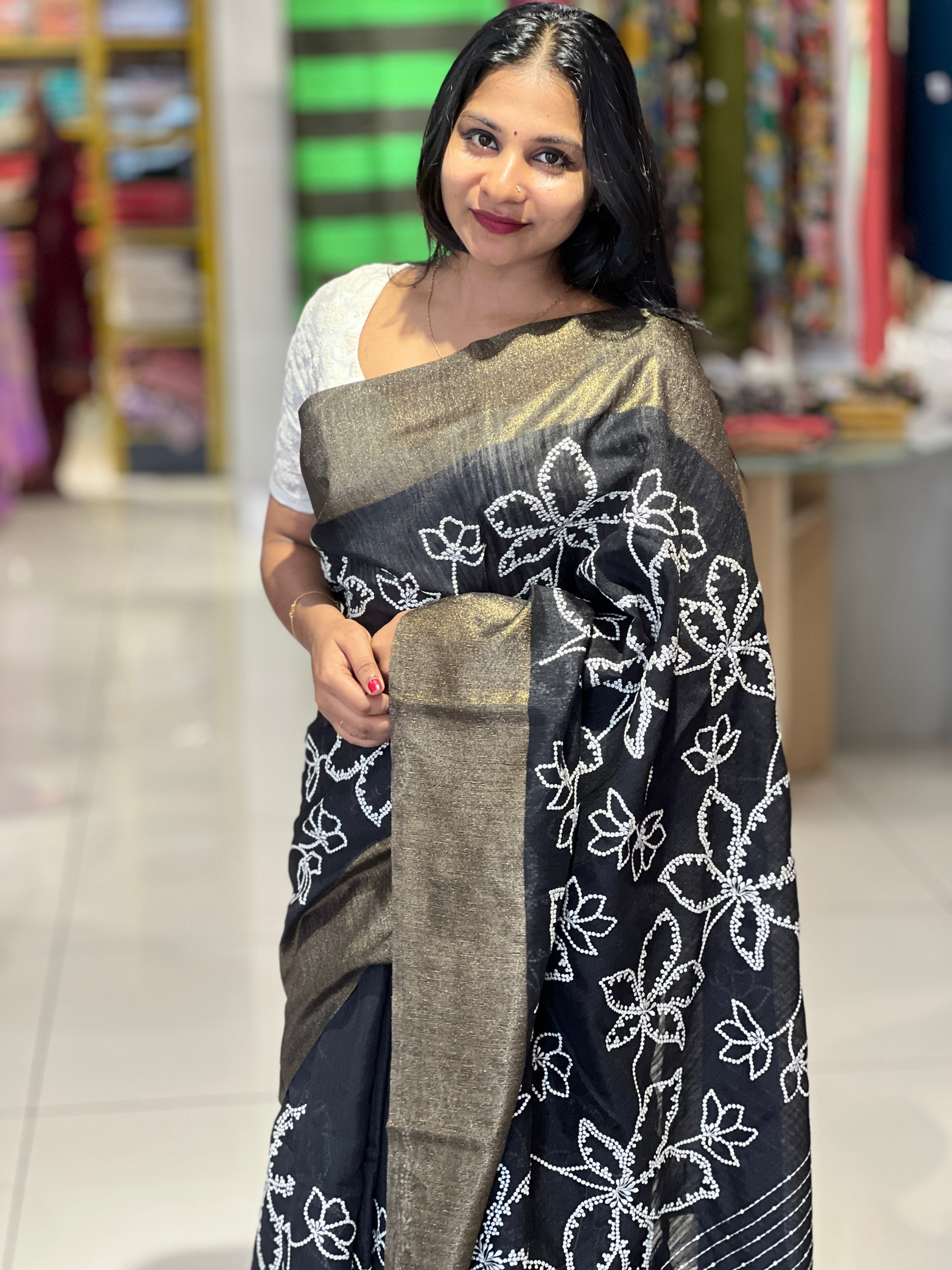 Machine Embroidery Green Silk Saree |  BLD1143