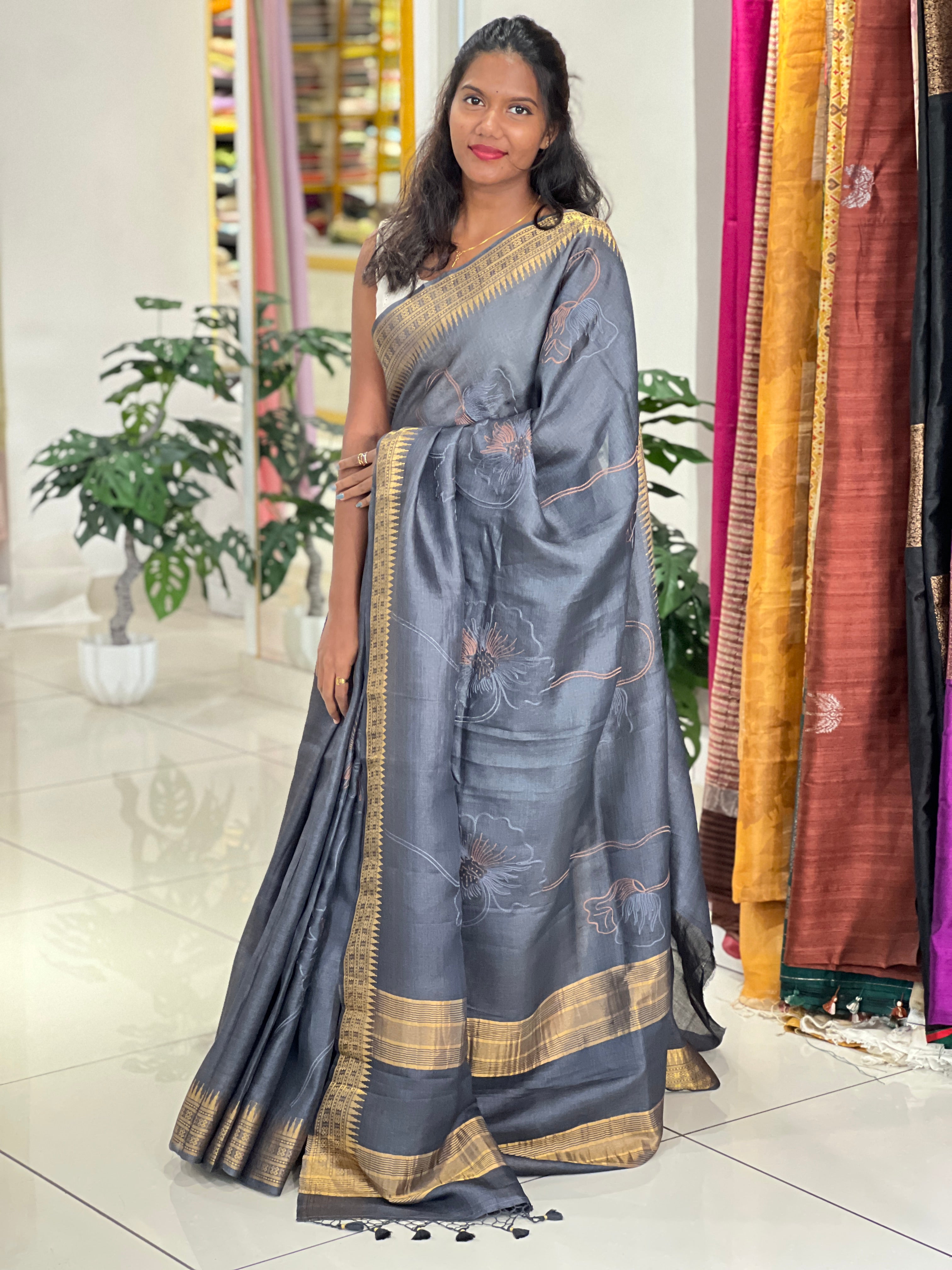 Floral Machine Embroidery Pure Tussar Saree | RGD912R