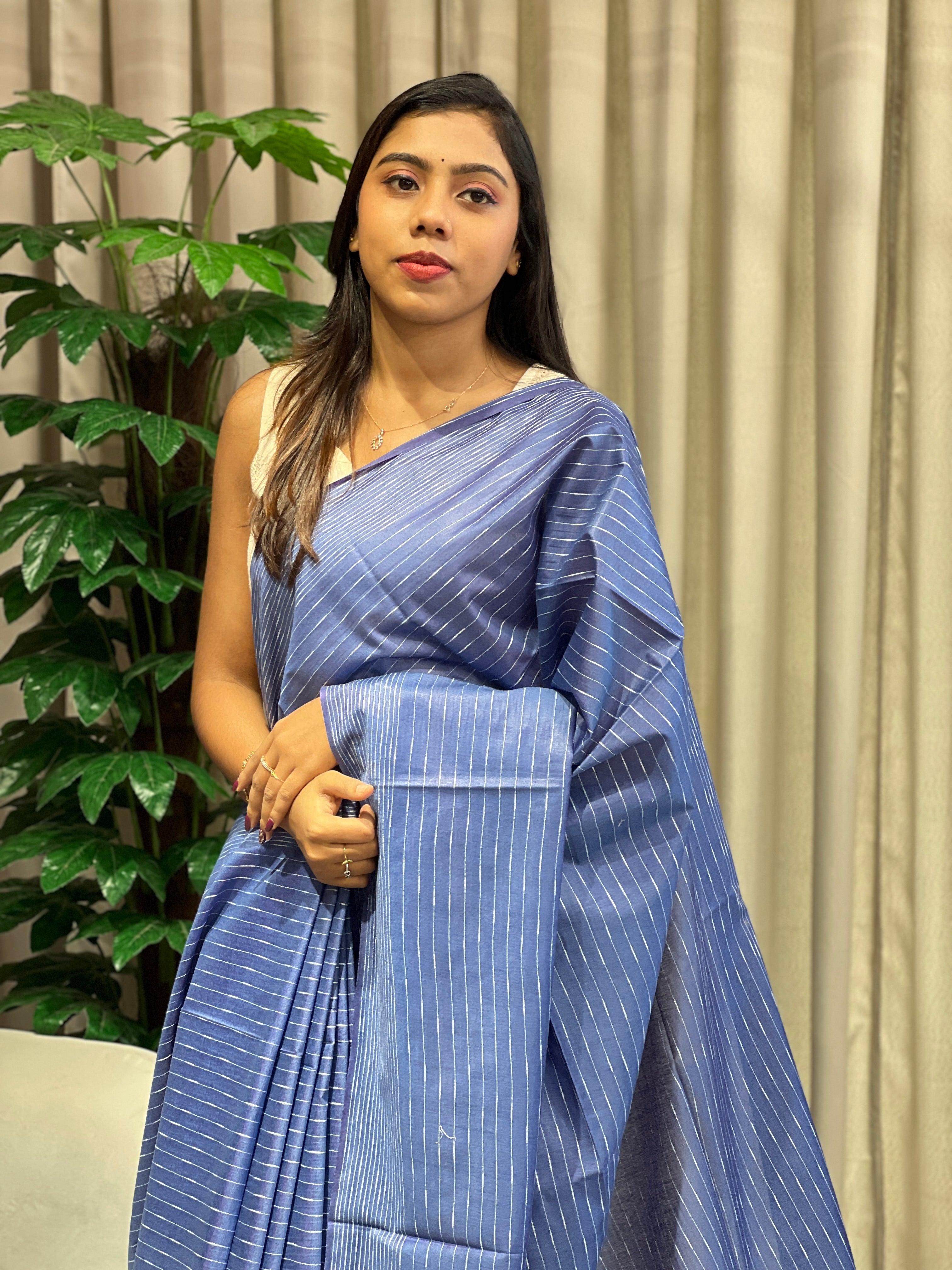 Thread Woven Stripe Patterned Semi Tussar Saree | PF1078