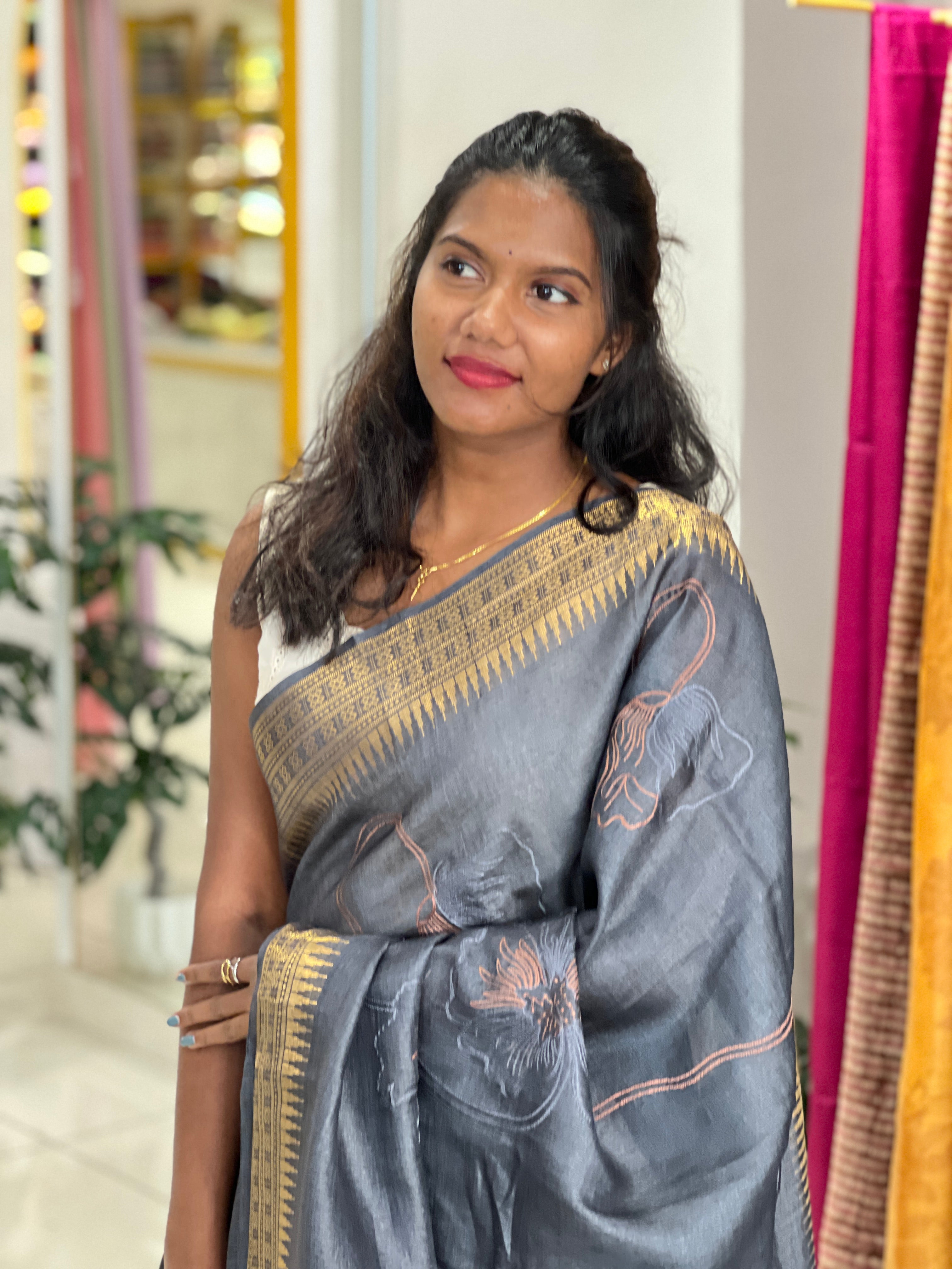 Floral Machine Embroidery Pure Tussar Saree | RGD912R
