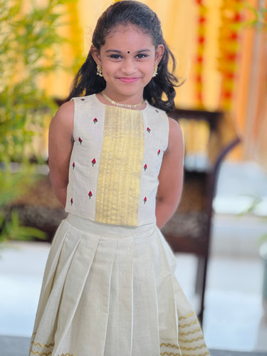 Embroidery With Kasavu Detailed  Tissue Cotton Unstitched Skirt & Top | ONK100