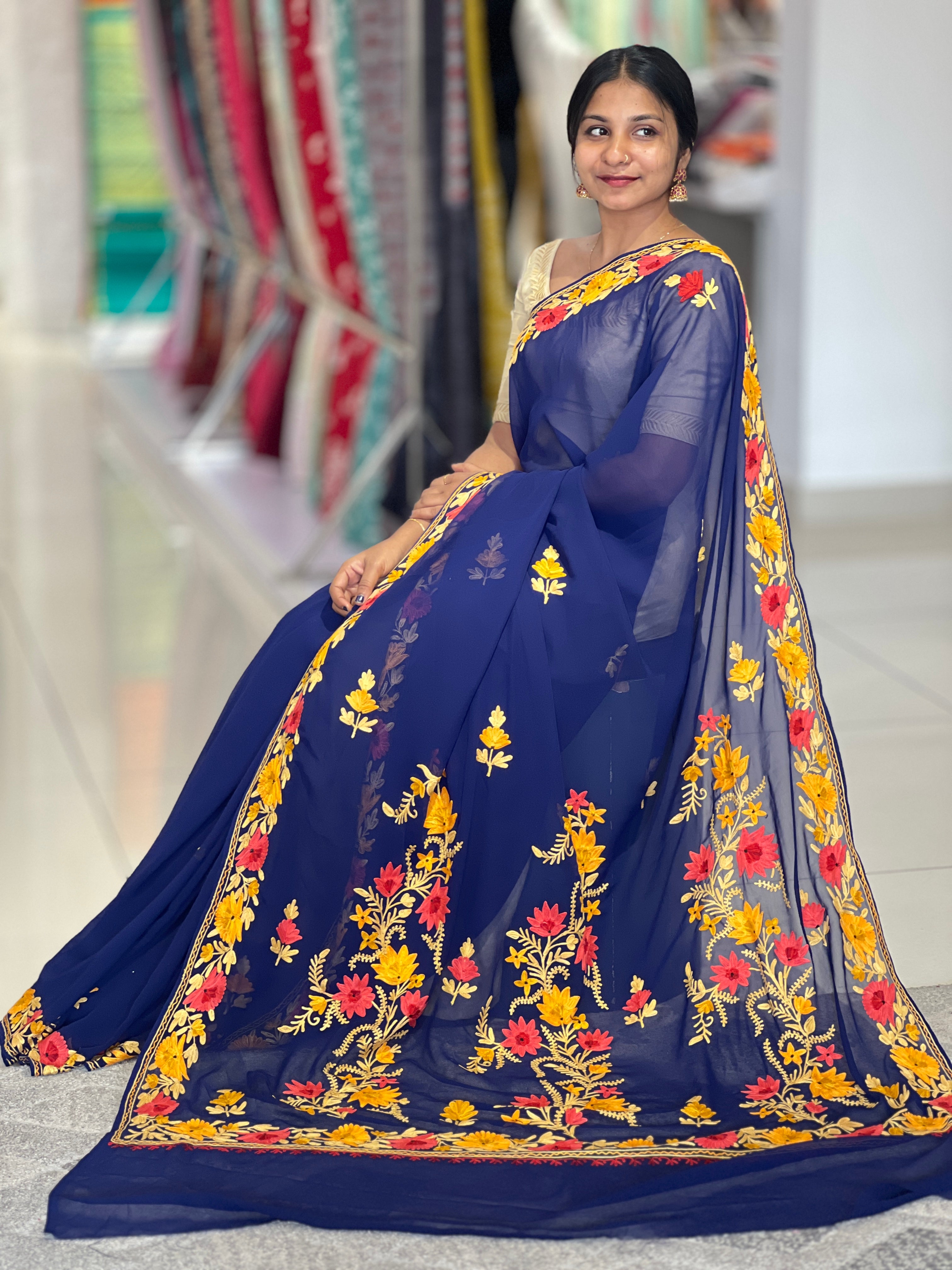 Kashida Inspired Machine Embroidery Georgette Saree | HK252
