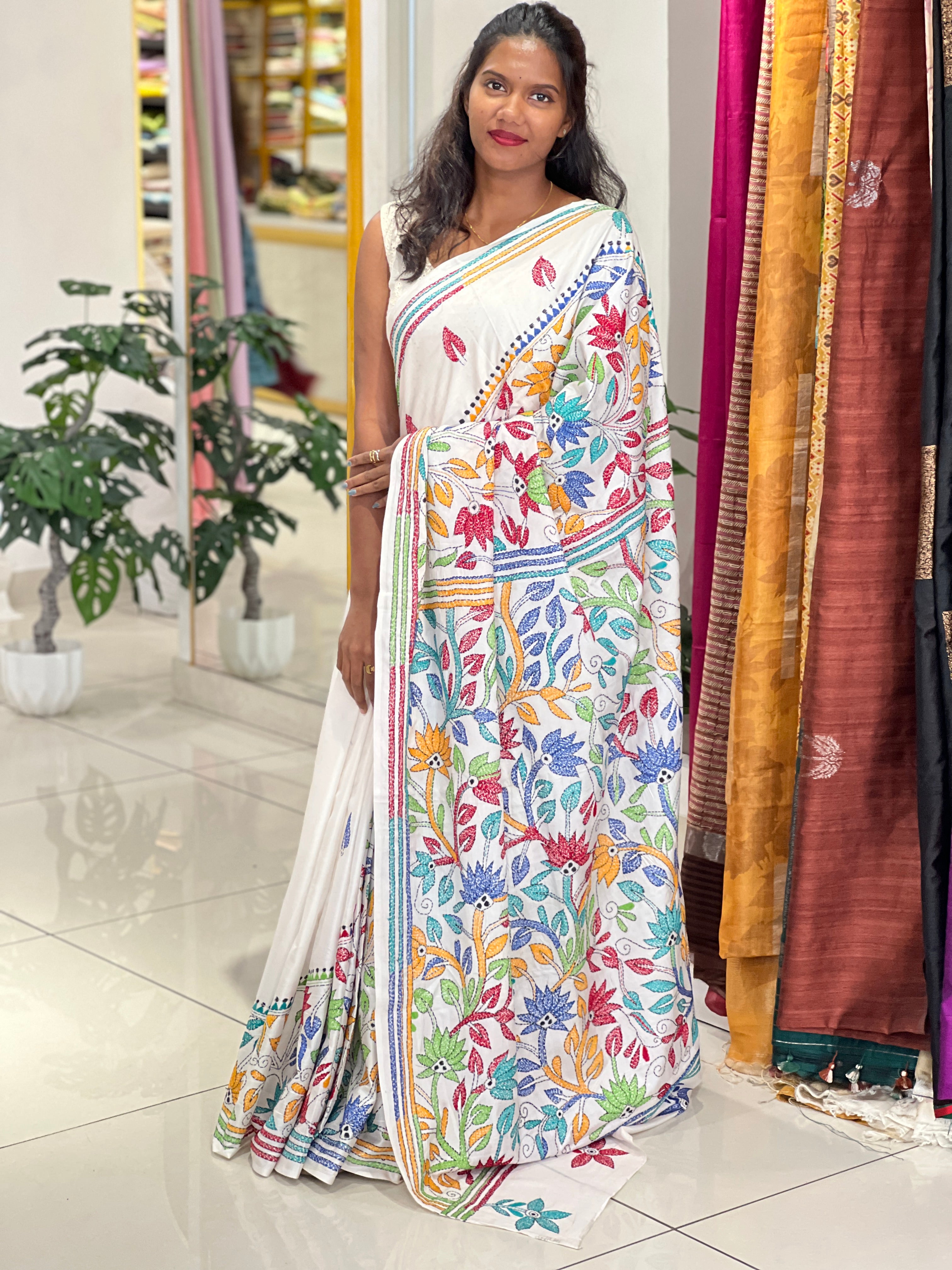 Hand Kantha Embroidered Tussar Saree | AYD233