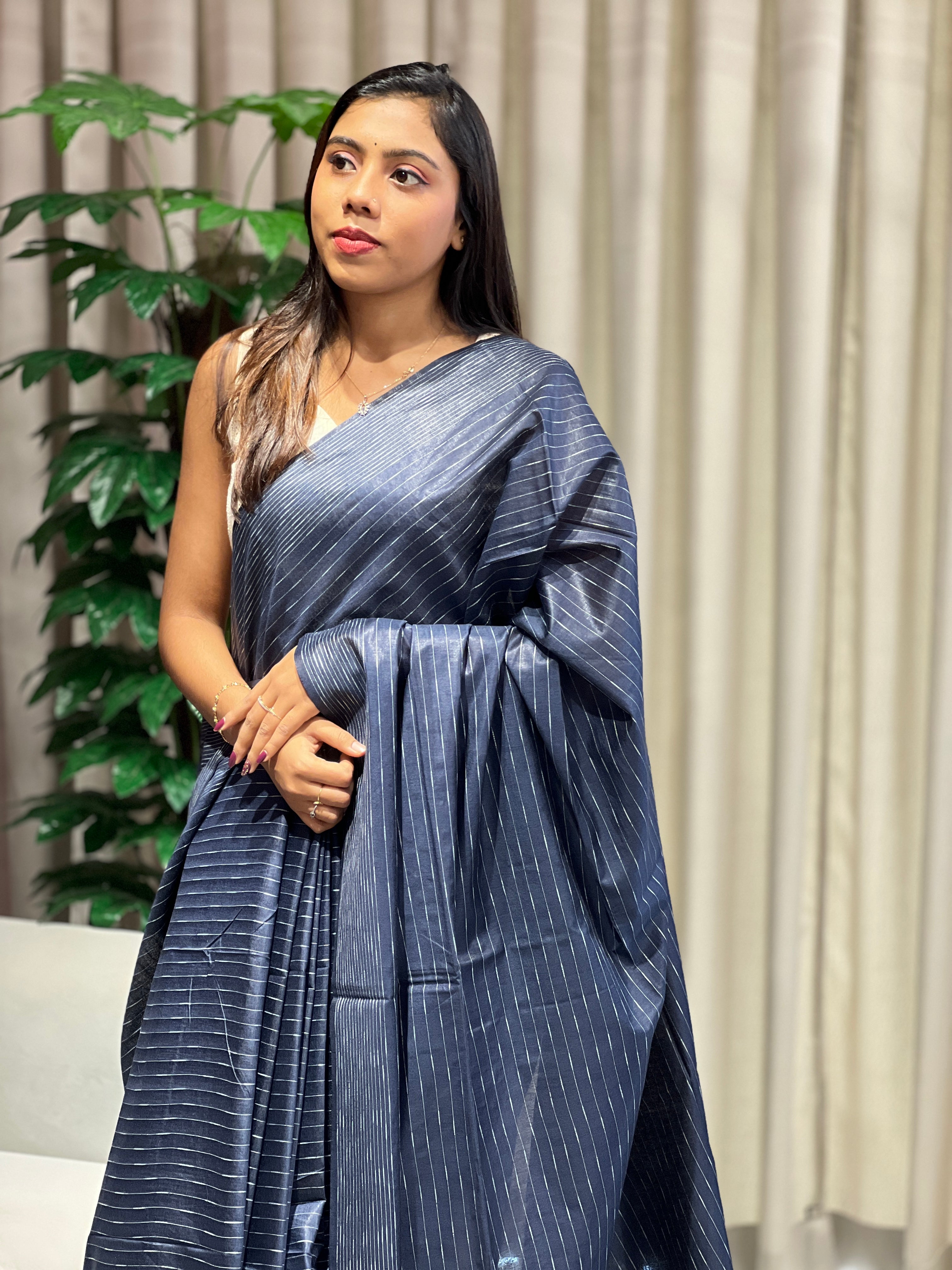 Thread Woven Stripe Patterned Semi Tussar Saree | PF1082