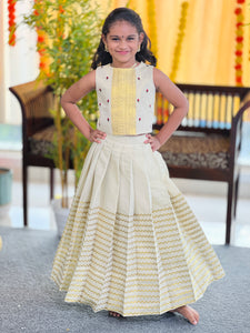 Embroidery With Kasavu Detailed  Tissue Cotton Unstitched Skirt & Top | ONK100