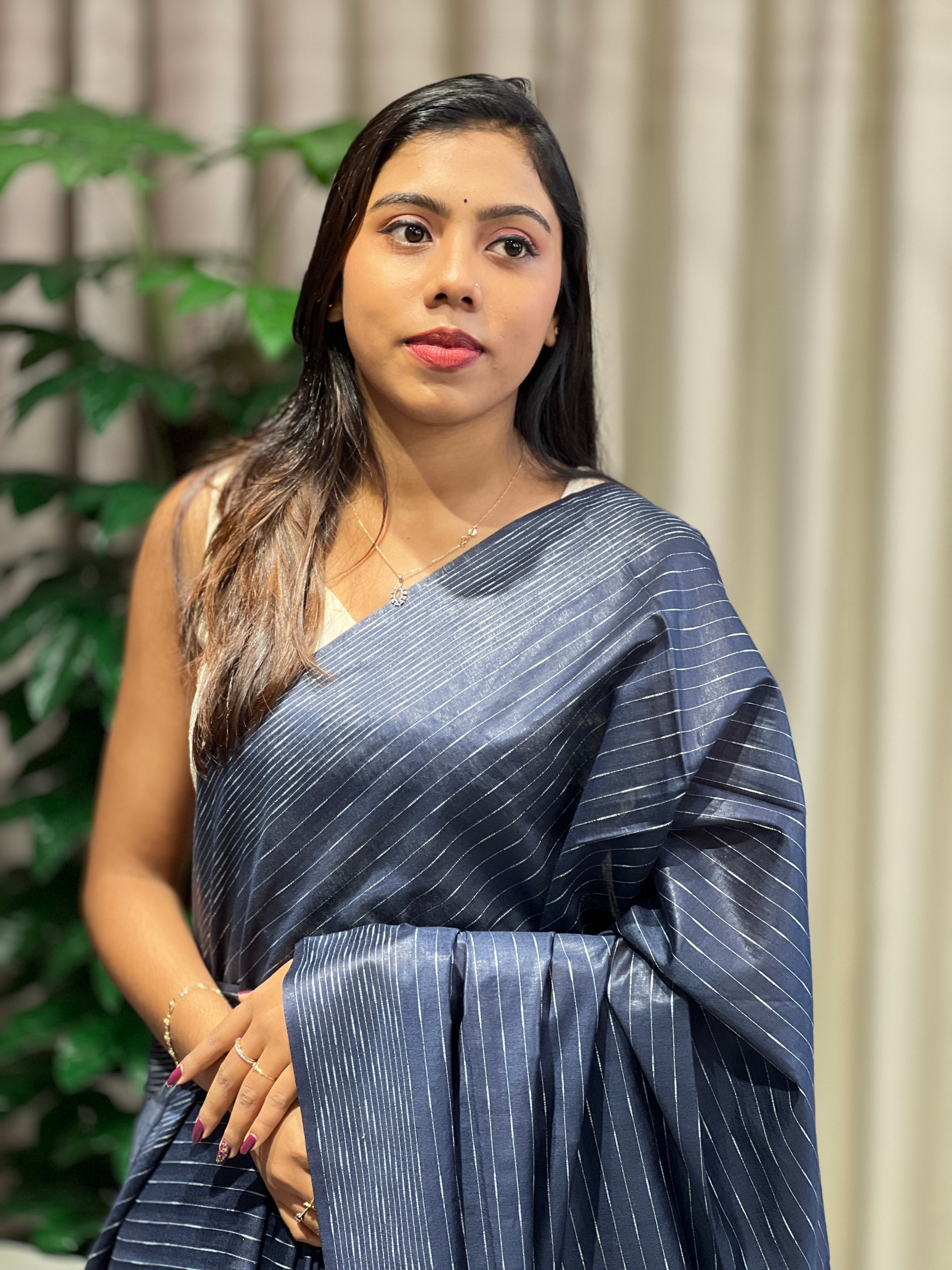 Thread Woven Stripe Patterned Semi Tussar Saree | PF1082