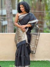 Black Colored Silver Zari Weaved Soft Silk Saree | AH704