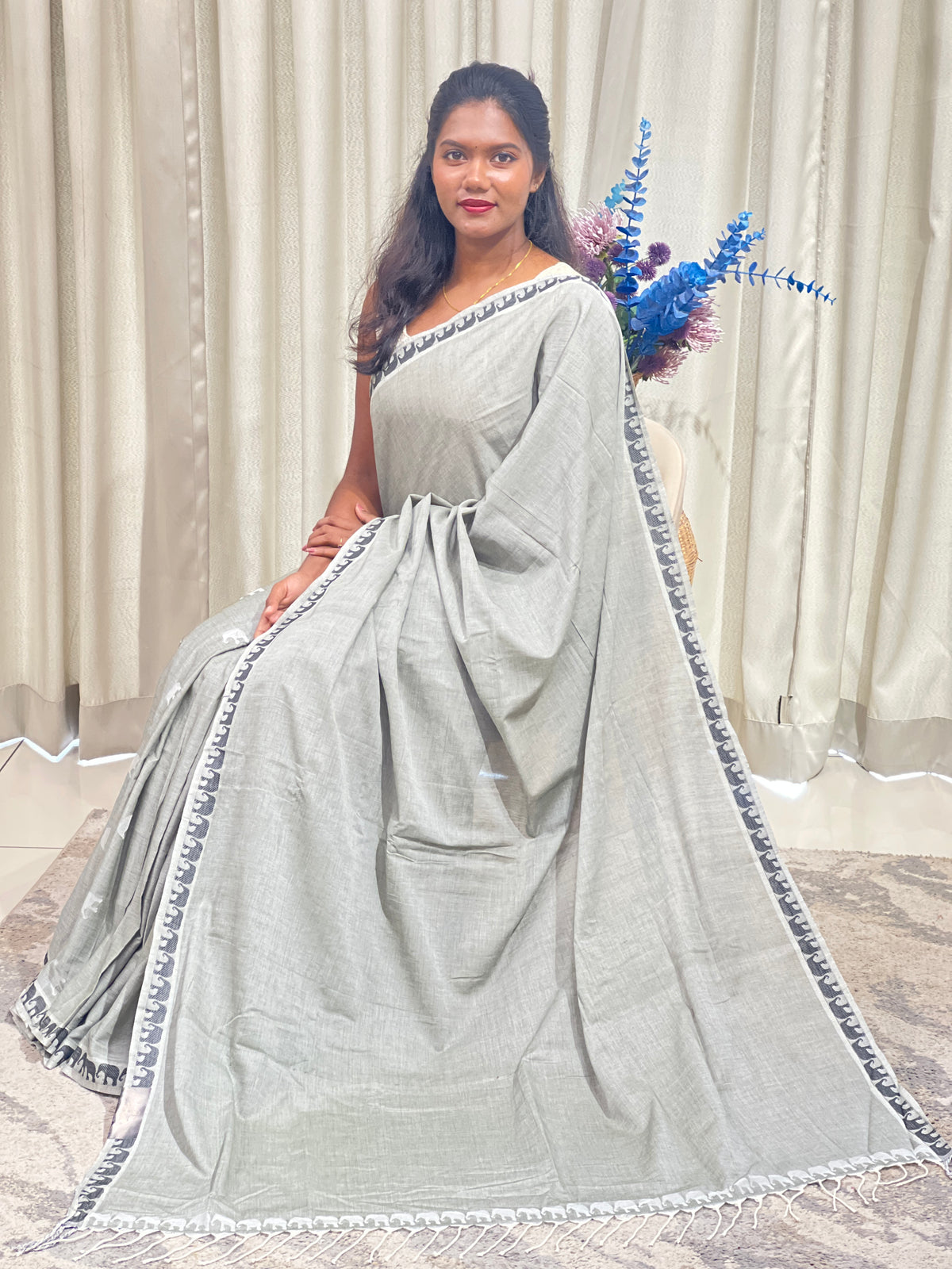Elephant Motif Bordered Cotton Saree | PET105