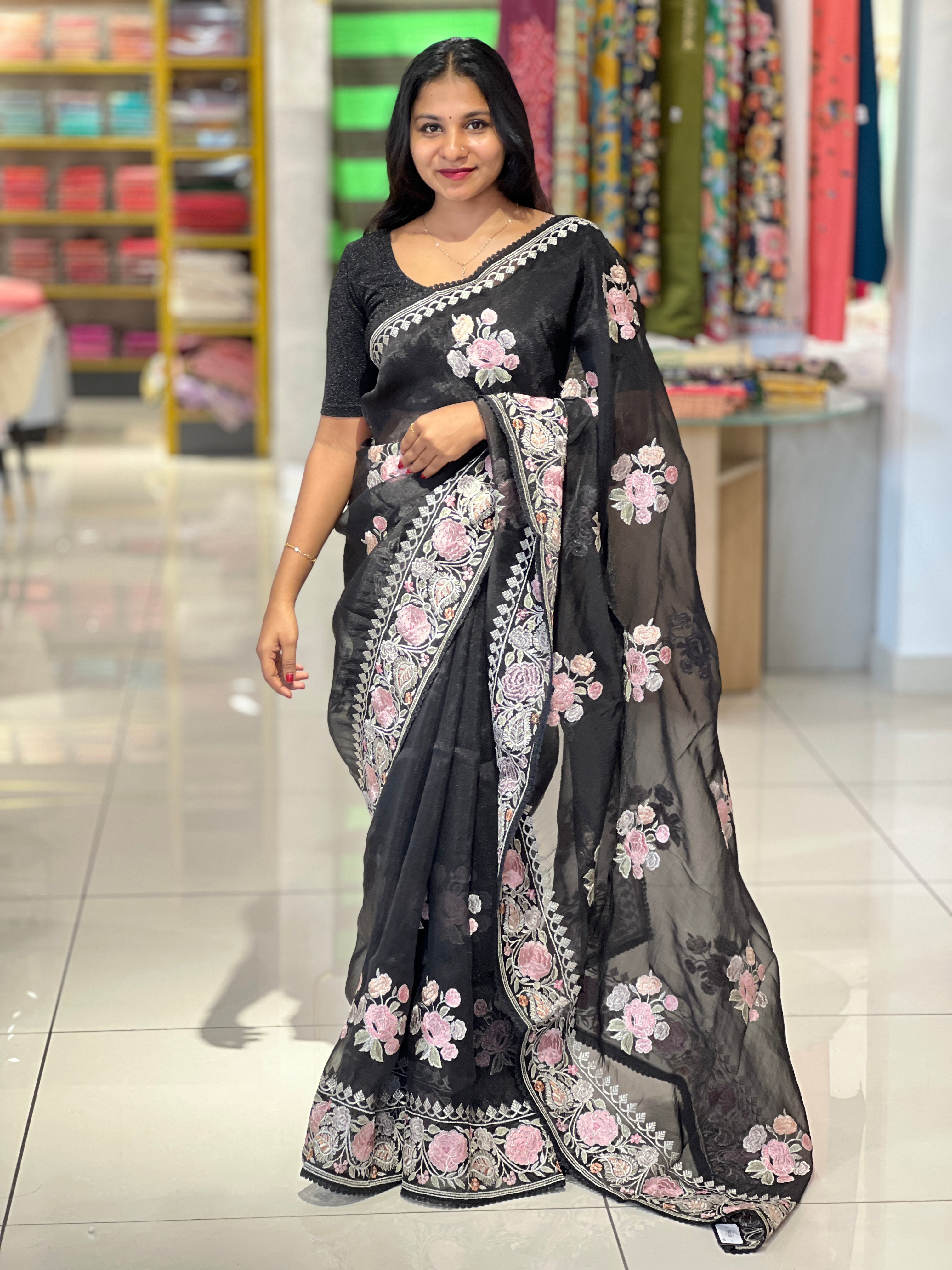 Floral Embroidery With Silver Zari Detailed Organza Saree | BLD1087