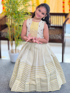 Embroidery With Kasavu Detailed  Tissue Cotton Unstitched Skirt & Top | ONK100