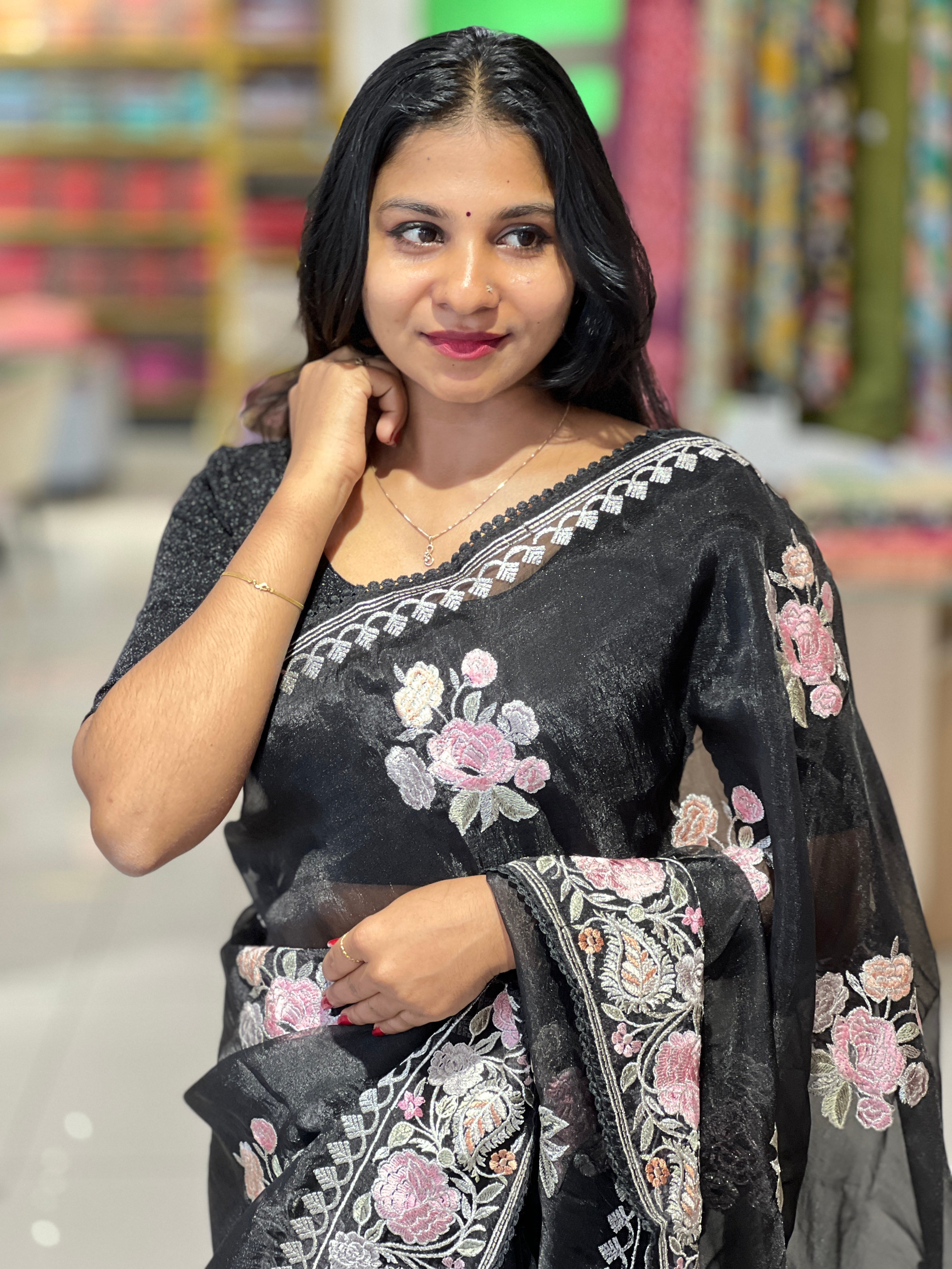 Floral Embroidery With Silver Zari Detailed Organza Saree | BLD1087