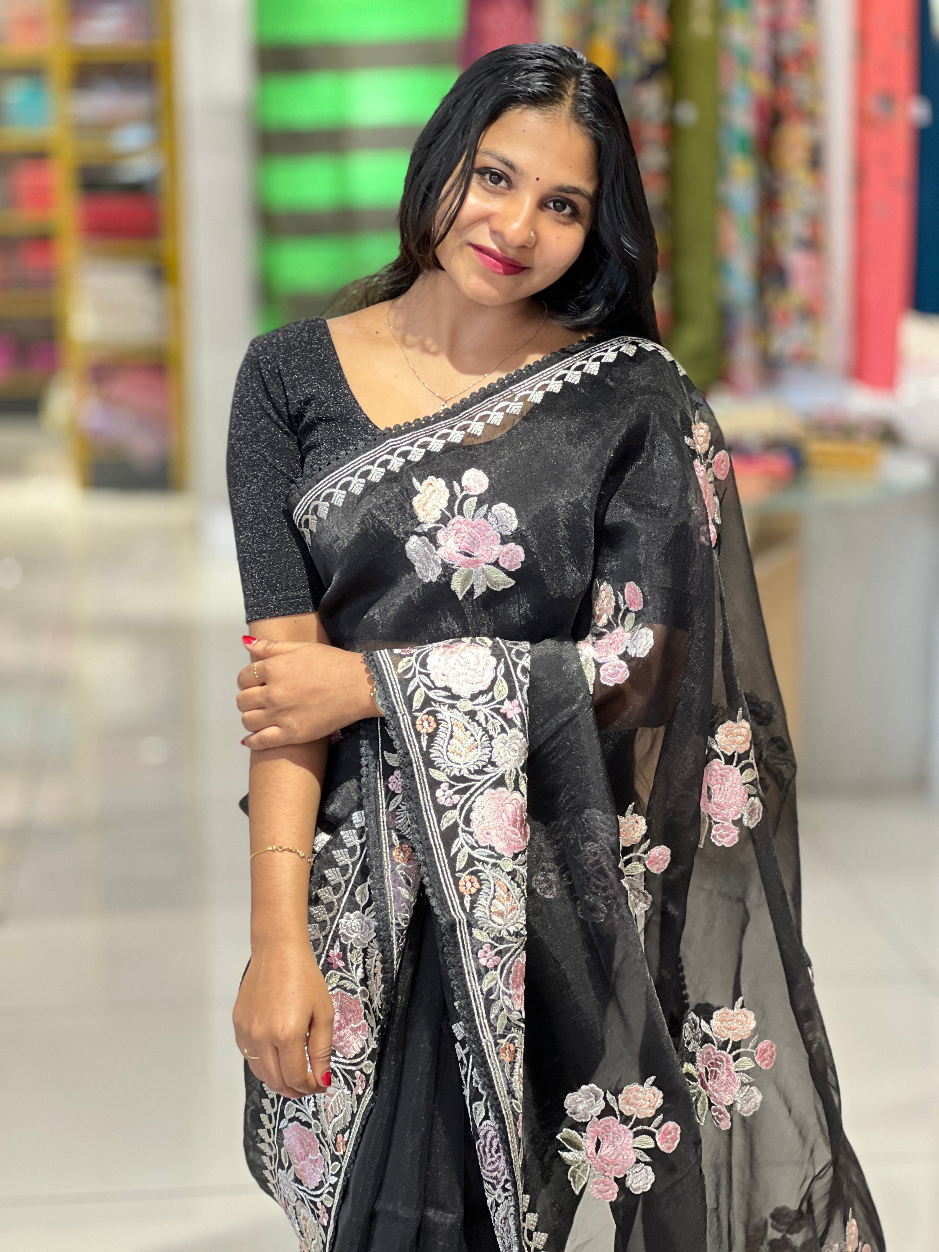 Floral Embroidery With Silver Zari Detailed Organza Saree | BLD1087