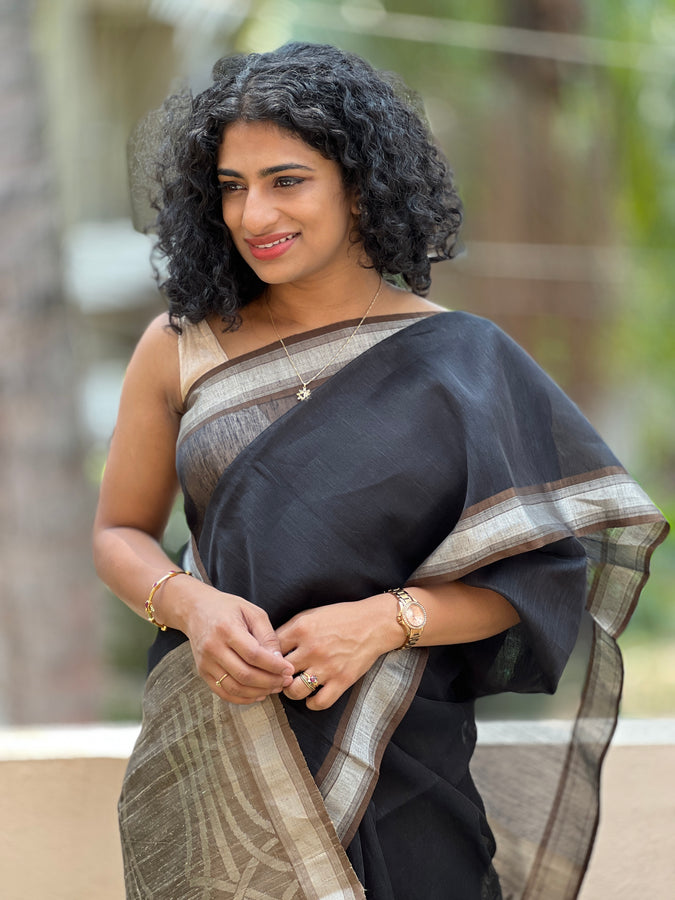 Black Colored Silver Zari Weaved Soft Silk Saree | AH704