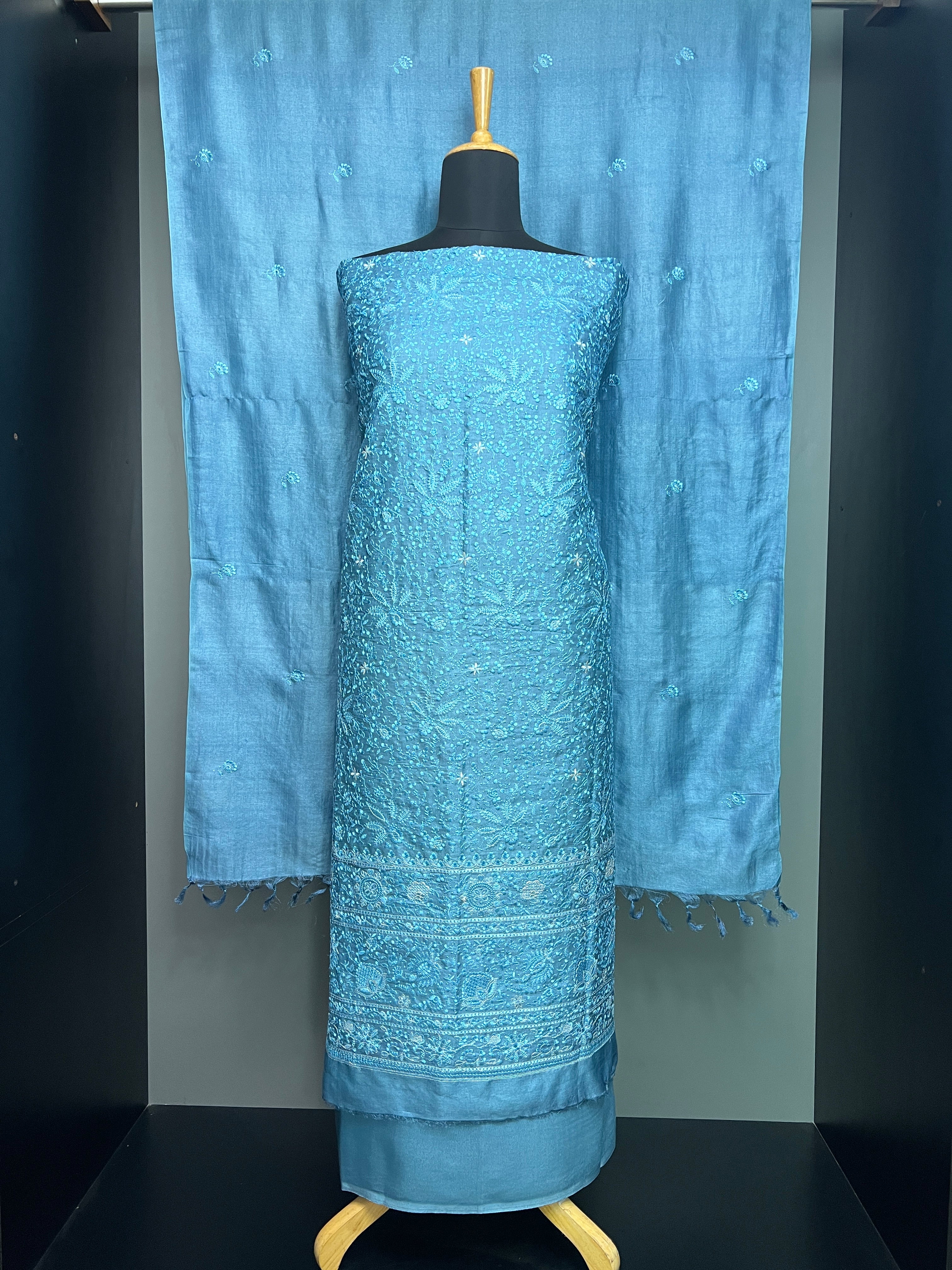 Floral Machine Embroidered Pure Tussar Salwar Set | SBS1382