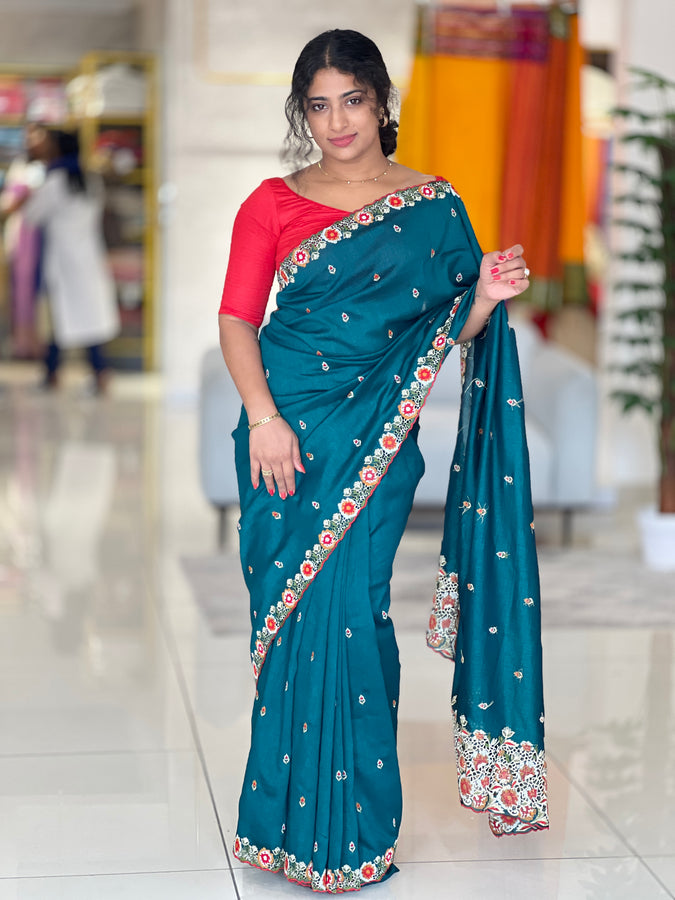 Embroidery Border Patterned Vichitra Silk Saree | RP529