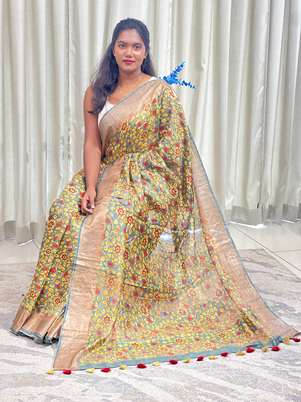 Kalamkari Screen Printed Muga Tussar Saree | AHD1952