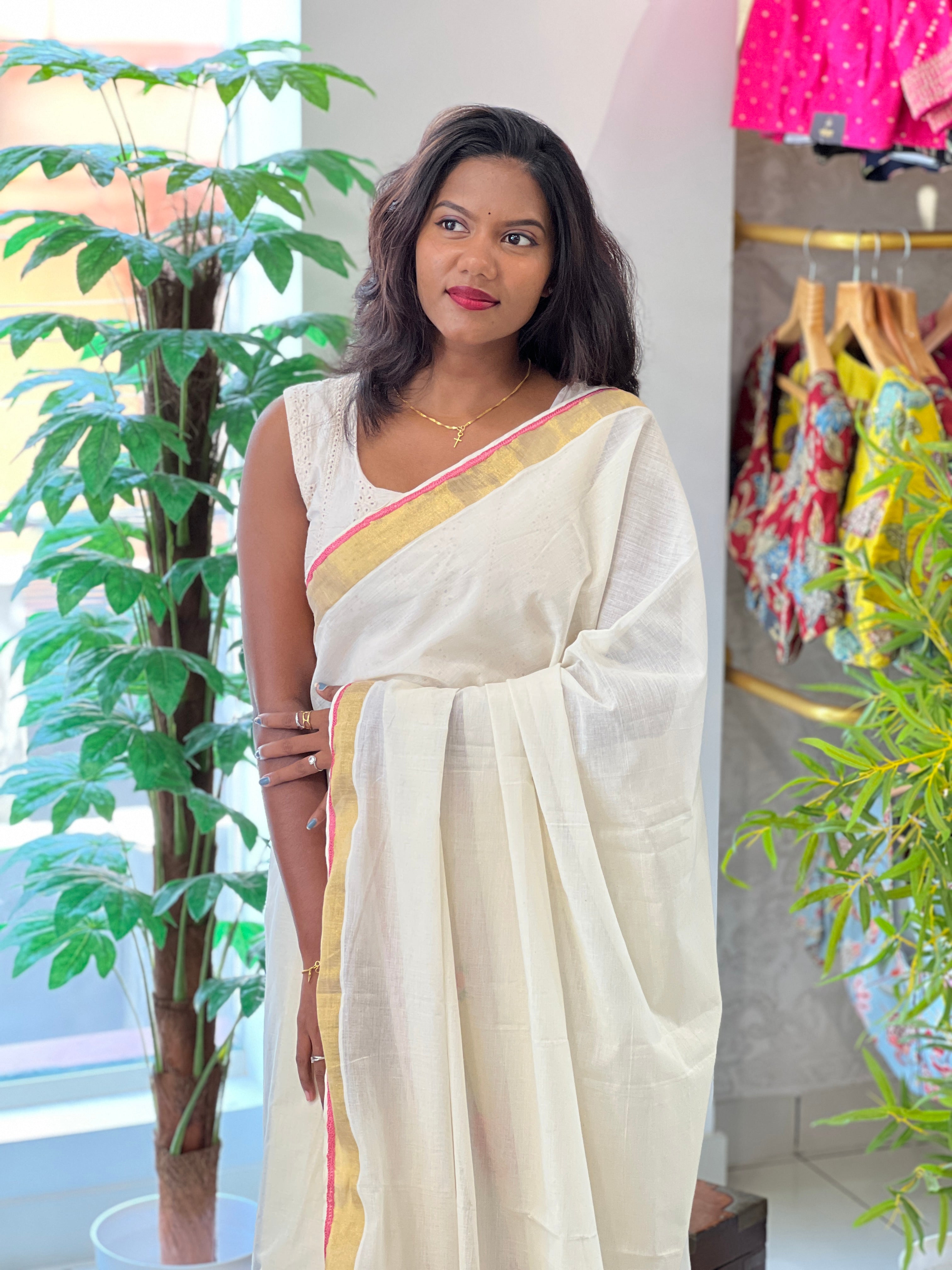 Machine Embroidery Detailed Kerala Cotton Saree | JSC297