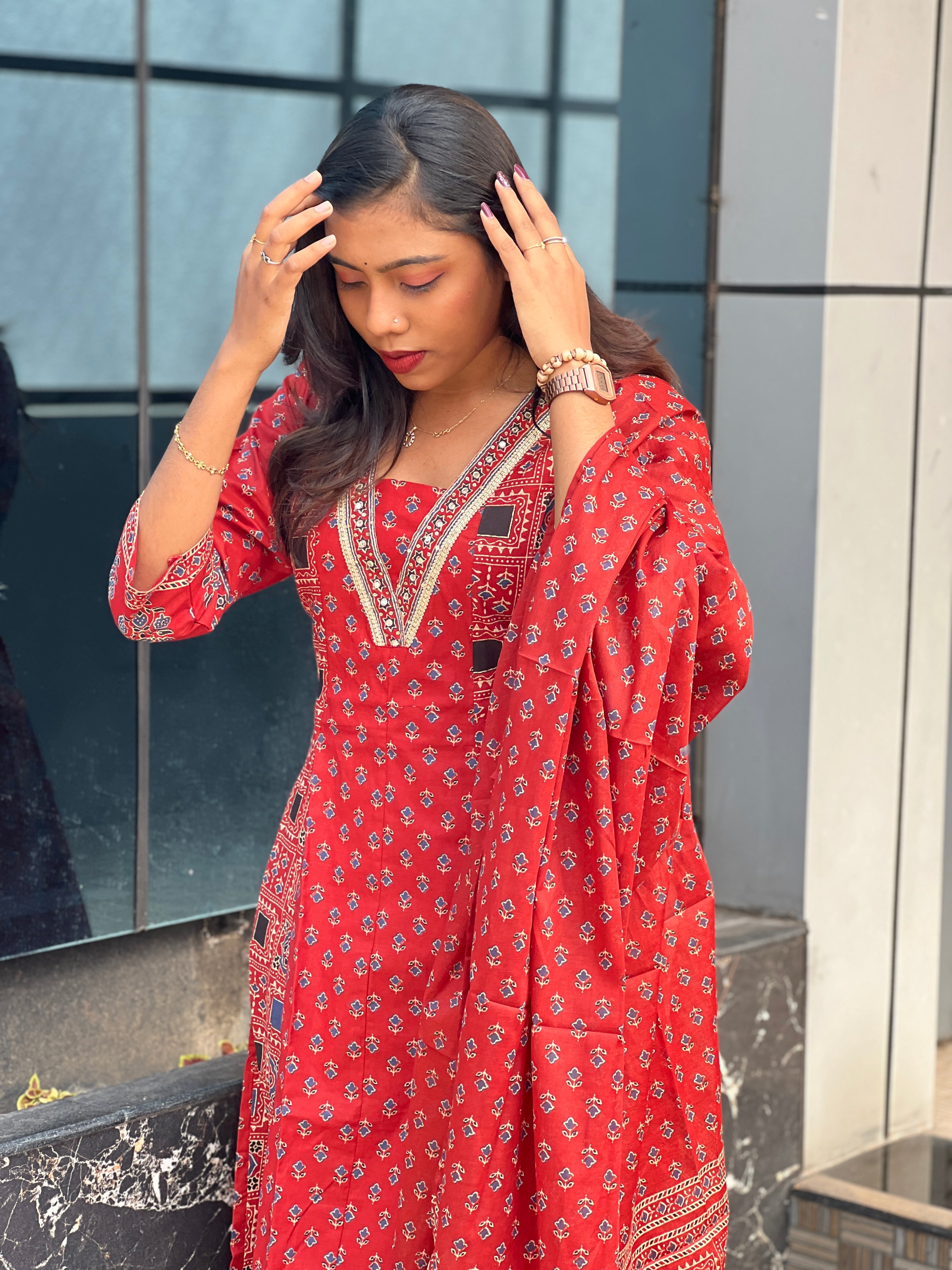 Ajrakh Printed Cotton Kurta Set | UNM102