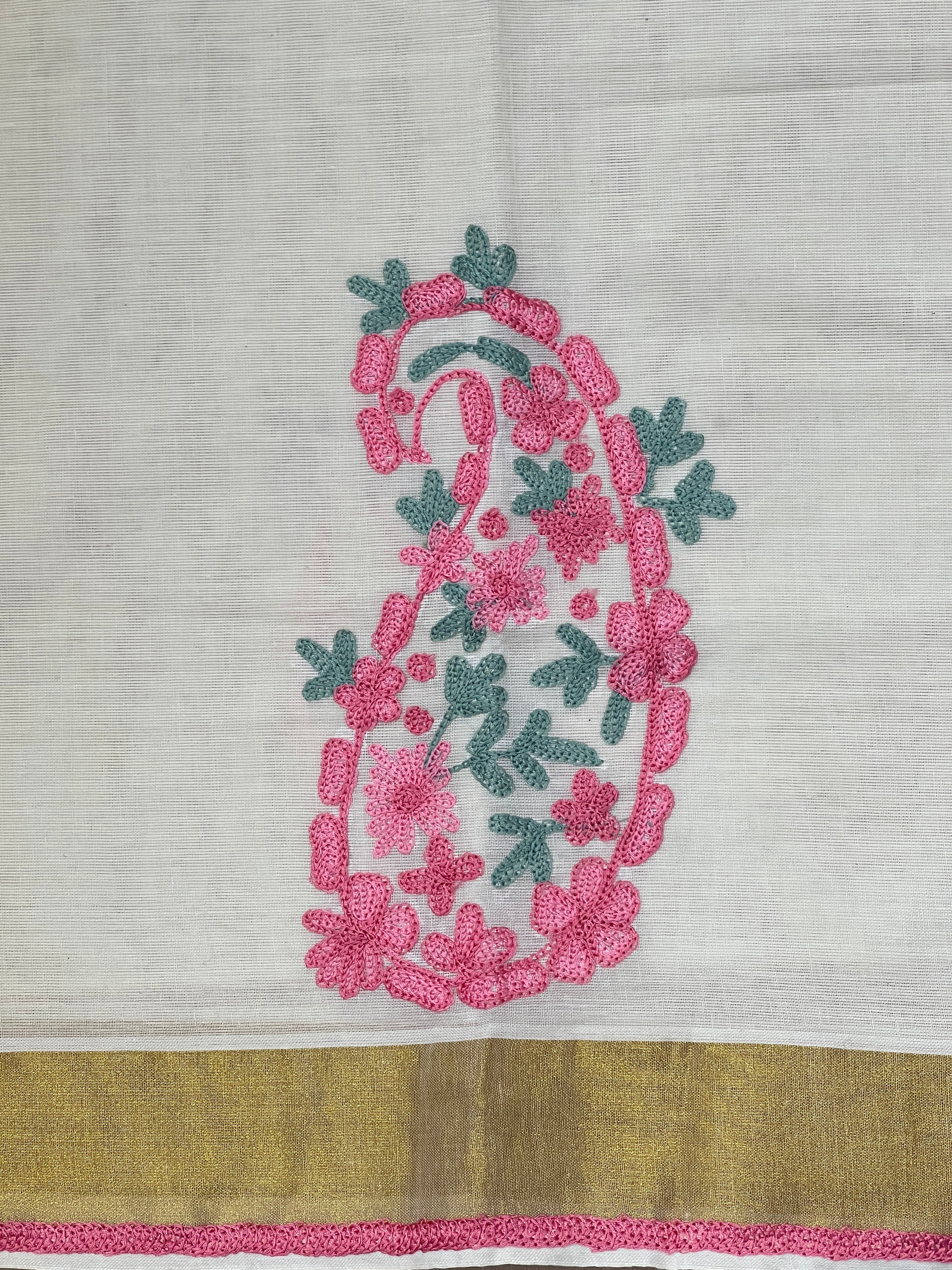 Machine Embroidery Detailed Kerala Cotton Saree | JSC297
