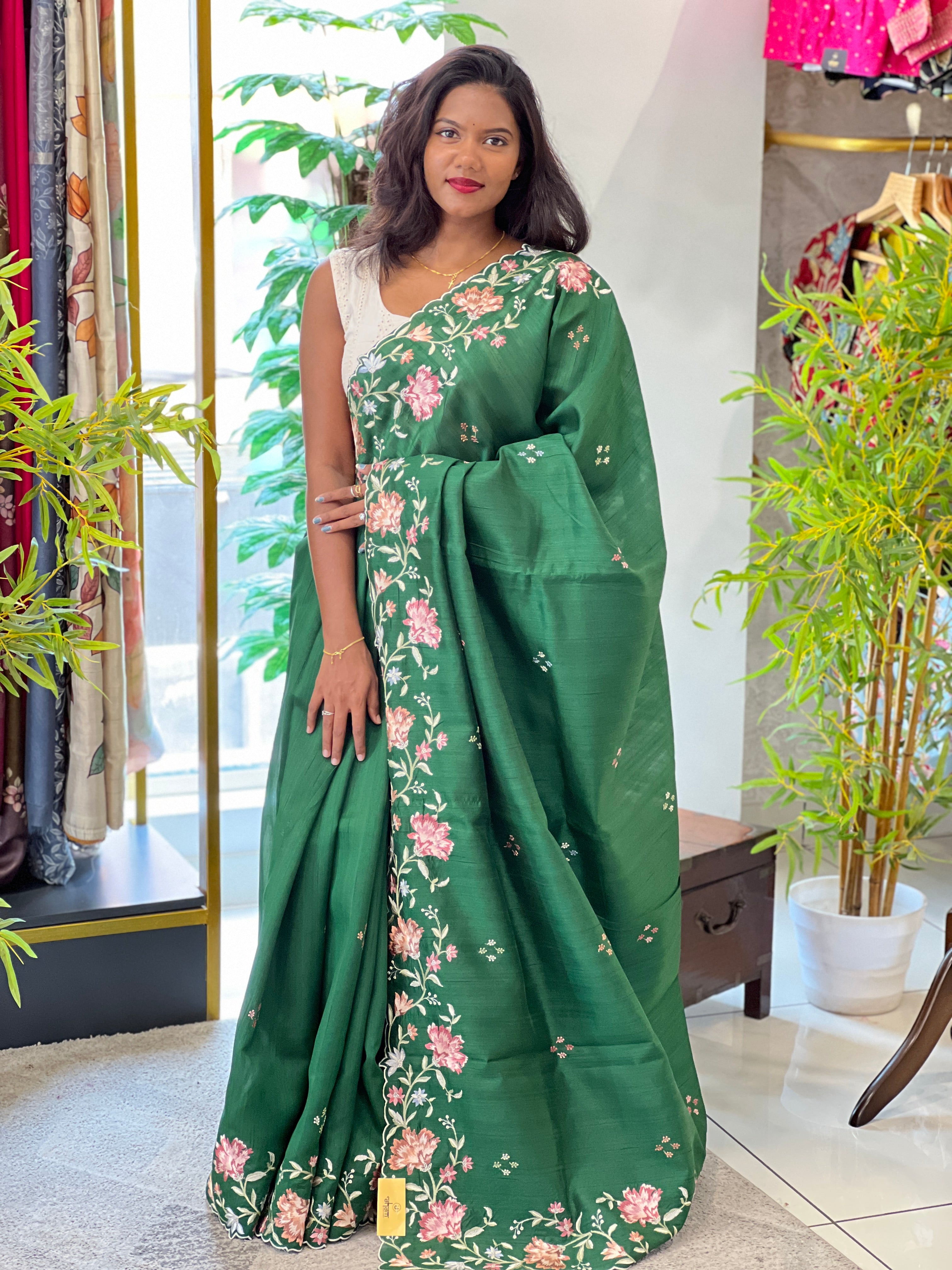 Multi- Colour Machine Embroidery Semi Tussar Saree | DVS268