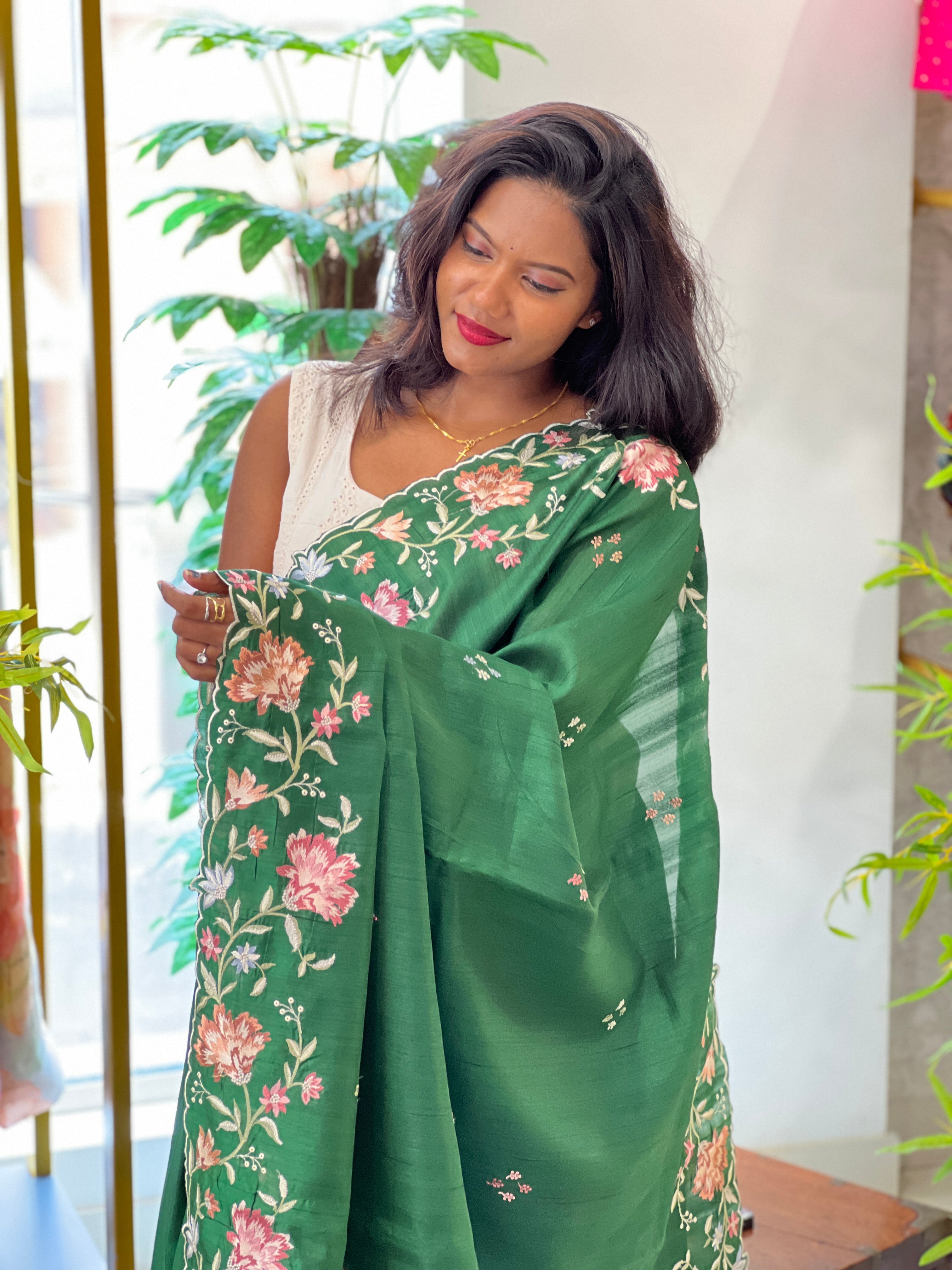 Multi- Colour Machine Embroidery Semi Tussar Saree | DVS268