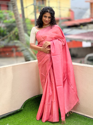 Check Weaving Pattern Bamboo Tussar Saree | ACT1146