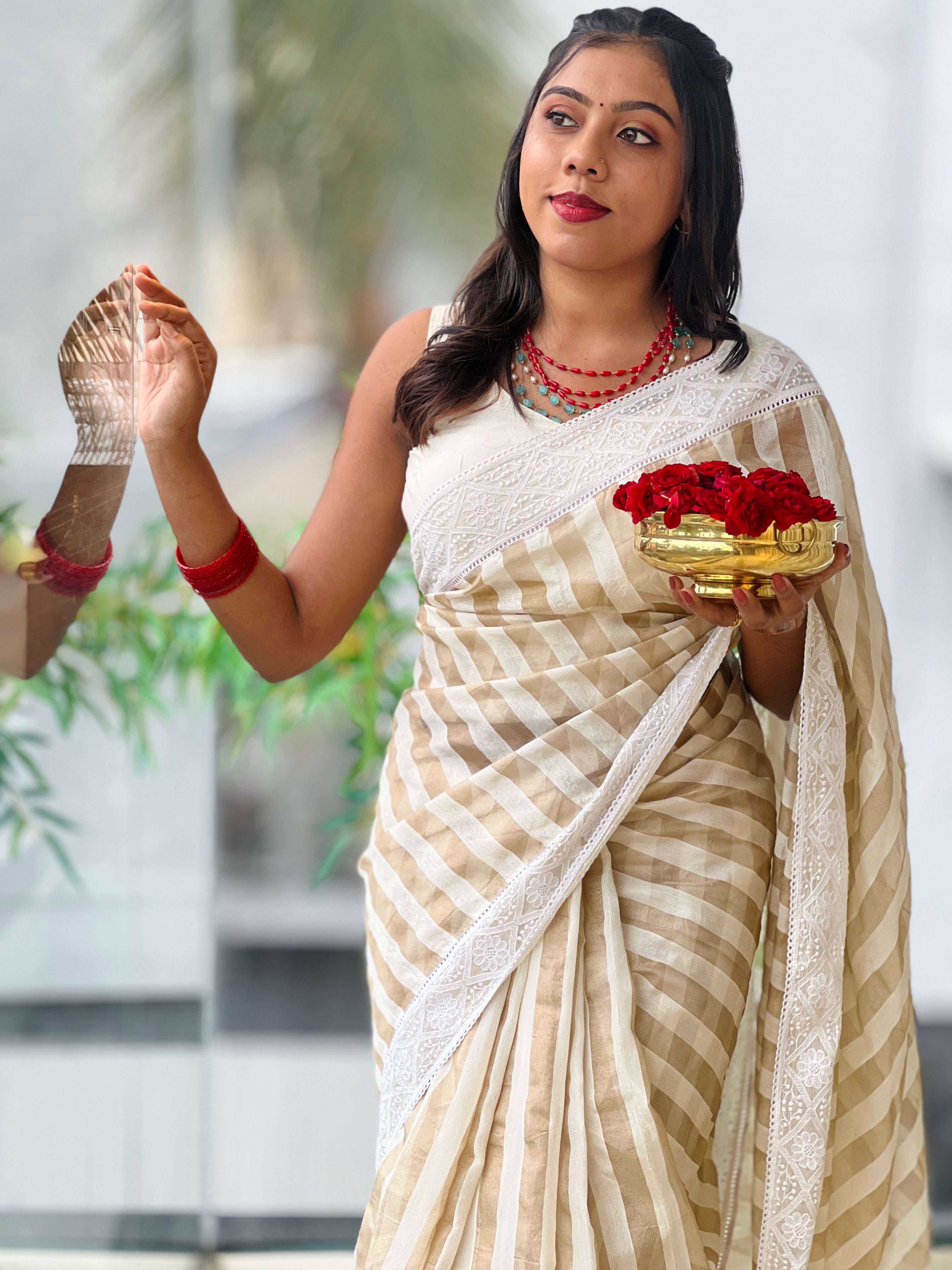 Lucknowi Inspired Embroidery Pattern Organza Saree | MM608