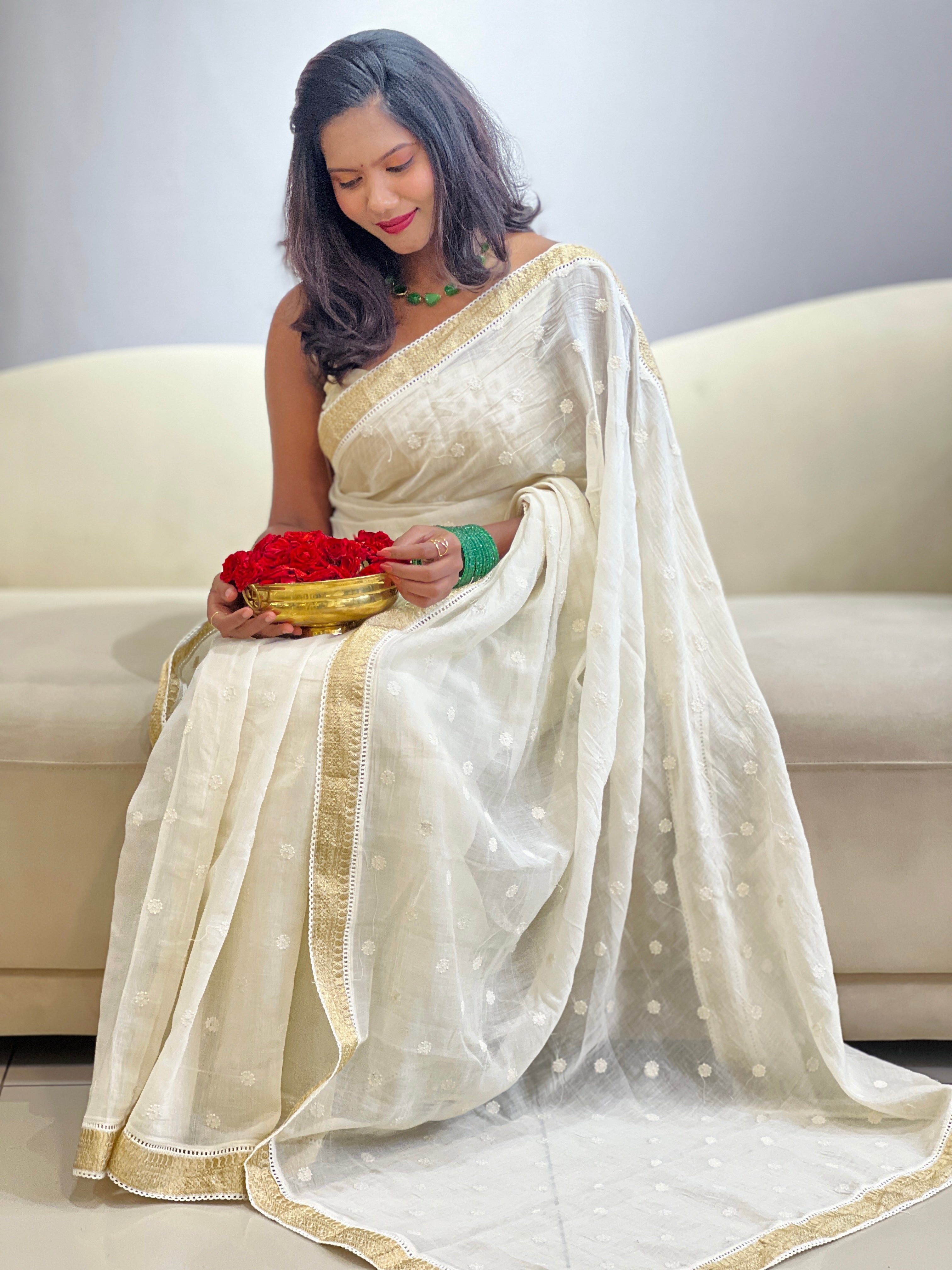 Lucknowi Inspired Buta Machine Embroidery Mul Chanderi Saree | MM610