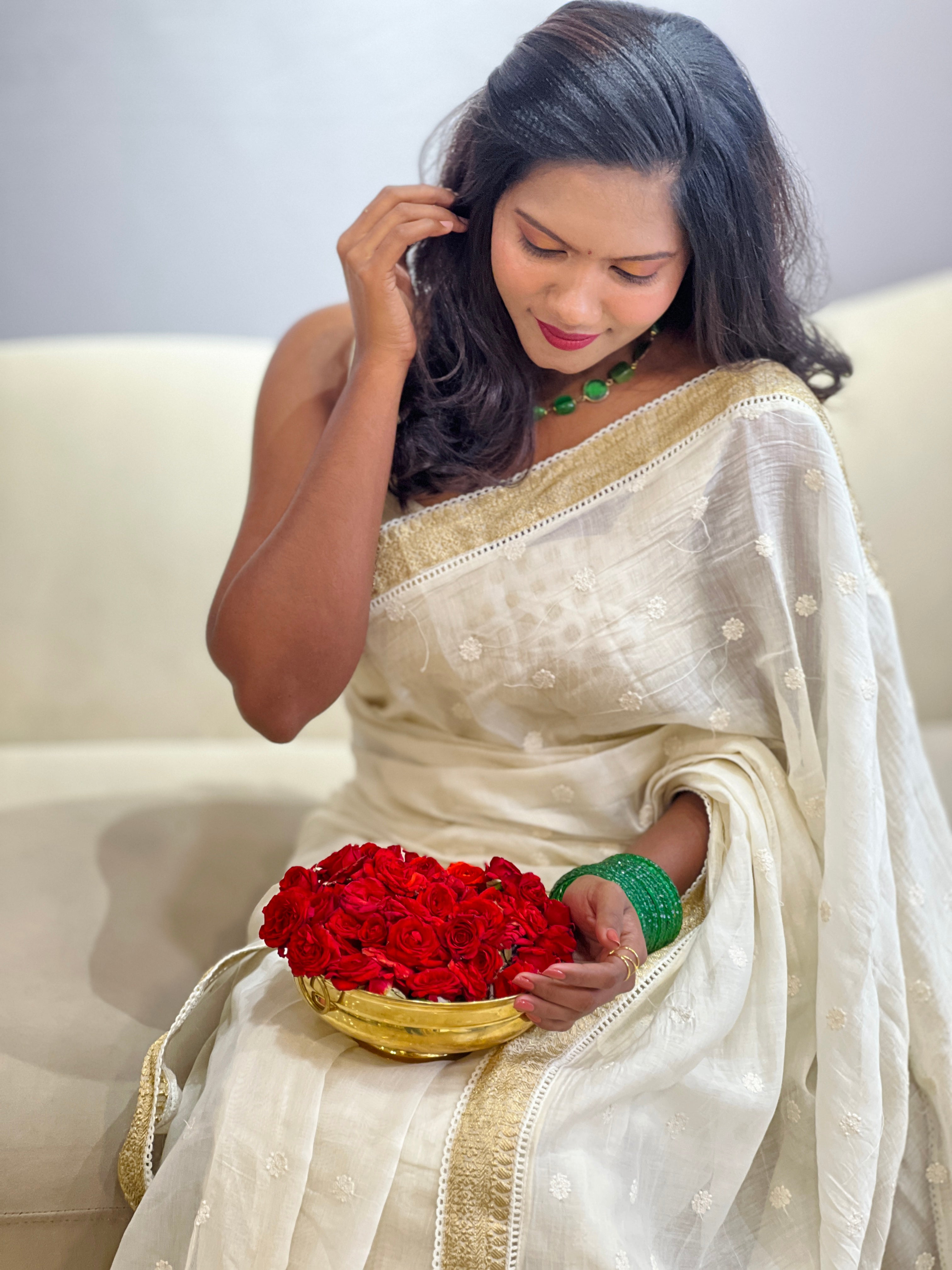 Lucknowi Inspired Buta Machine Embroidery Mul Chanderi Saree | MM610