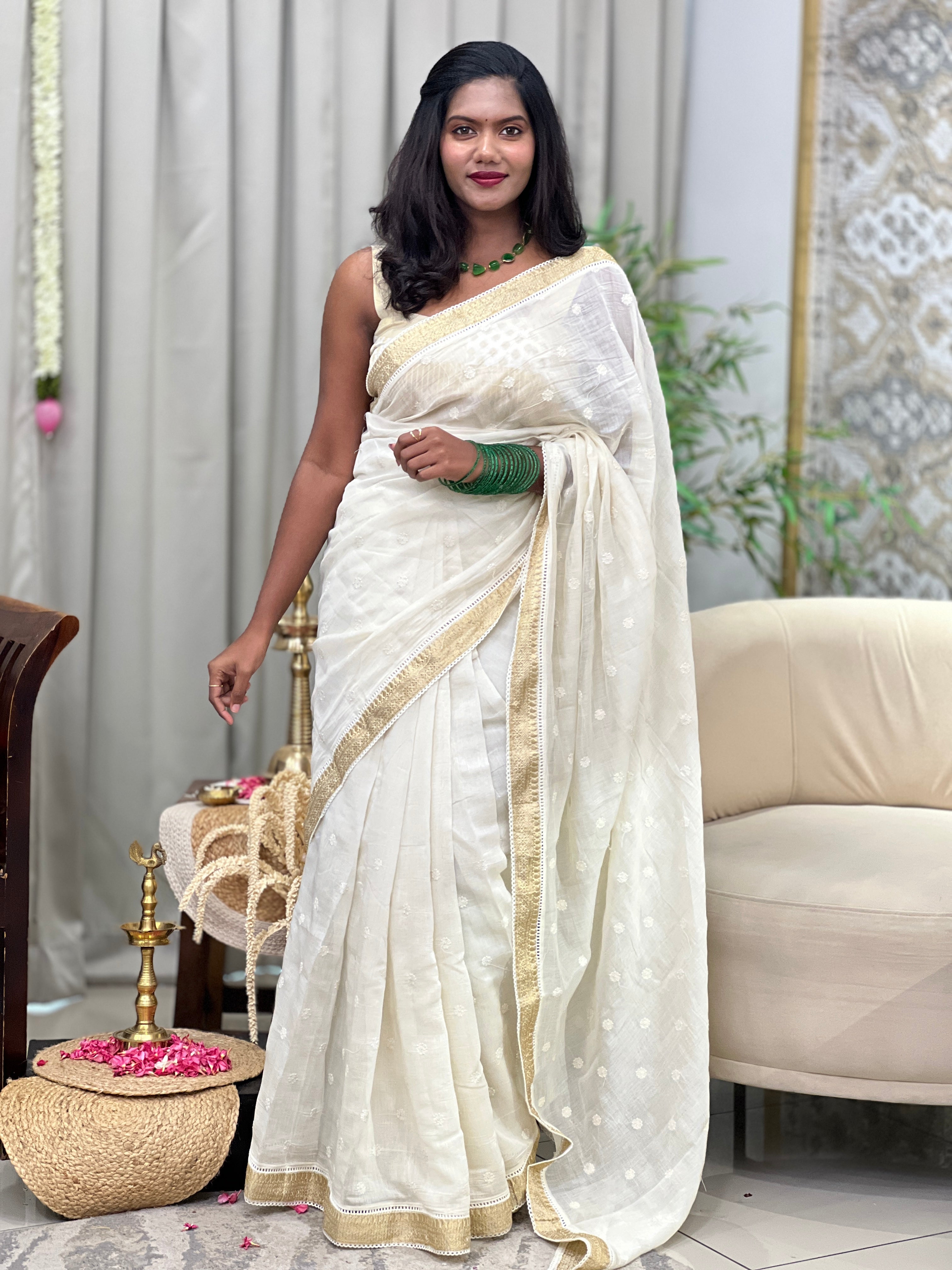 Lucknowi Inspired Buta Machine Embroidery Mul Chanderi Saree | MM610