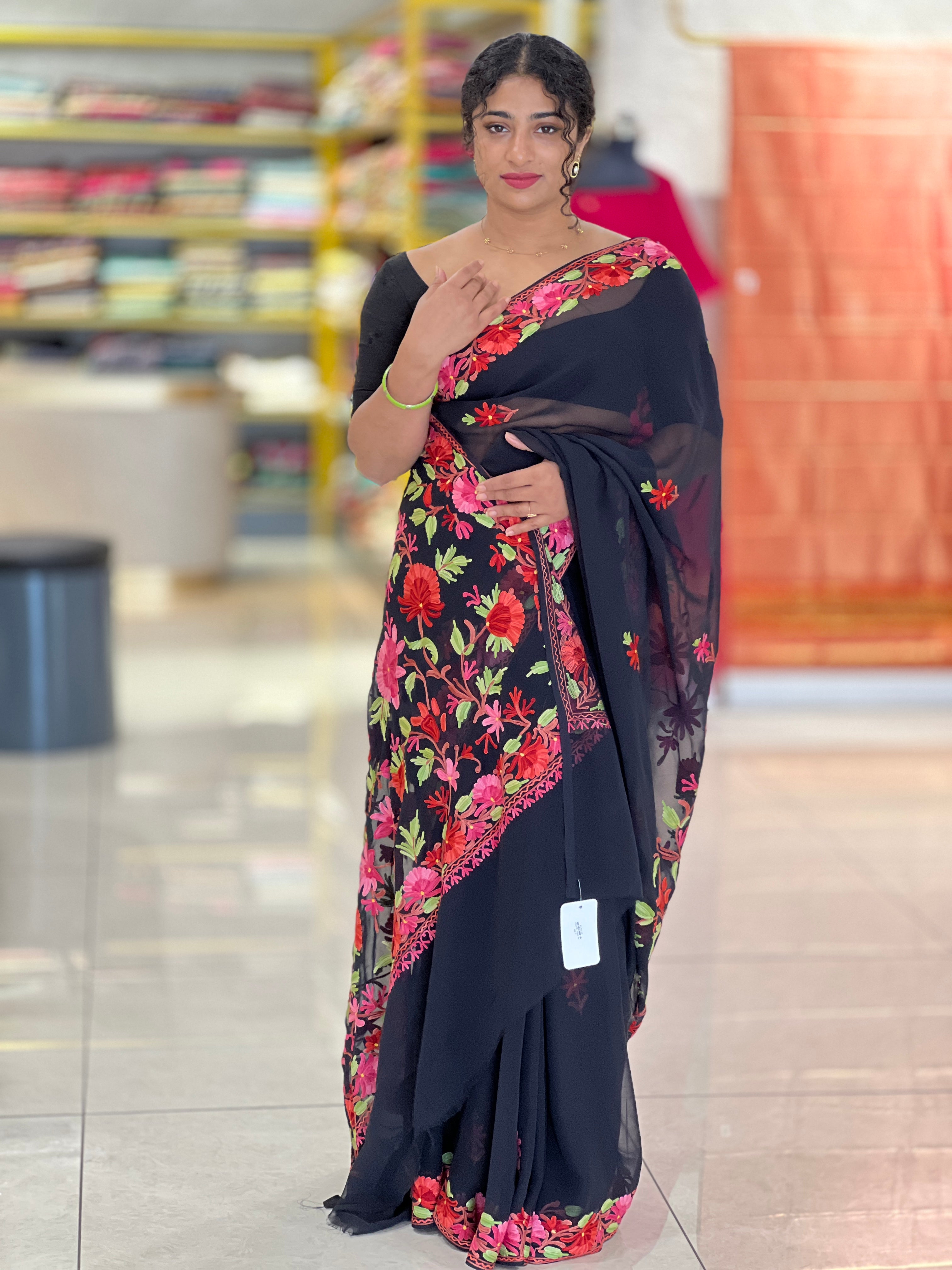 Kashida Inspired Machine Embroidery Georgette Saree  | HK253