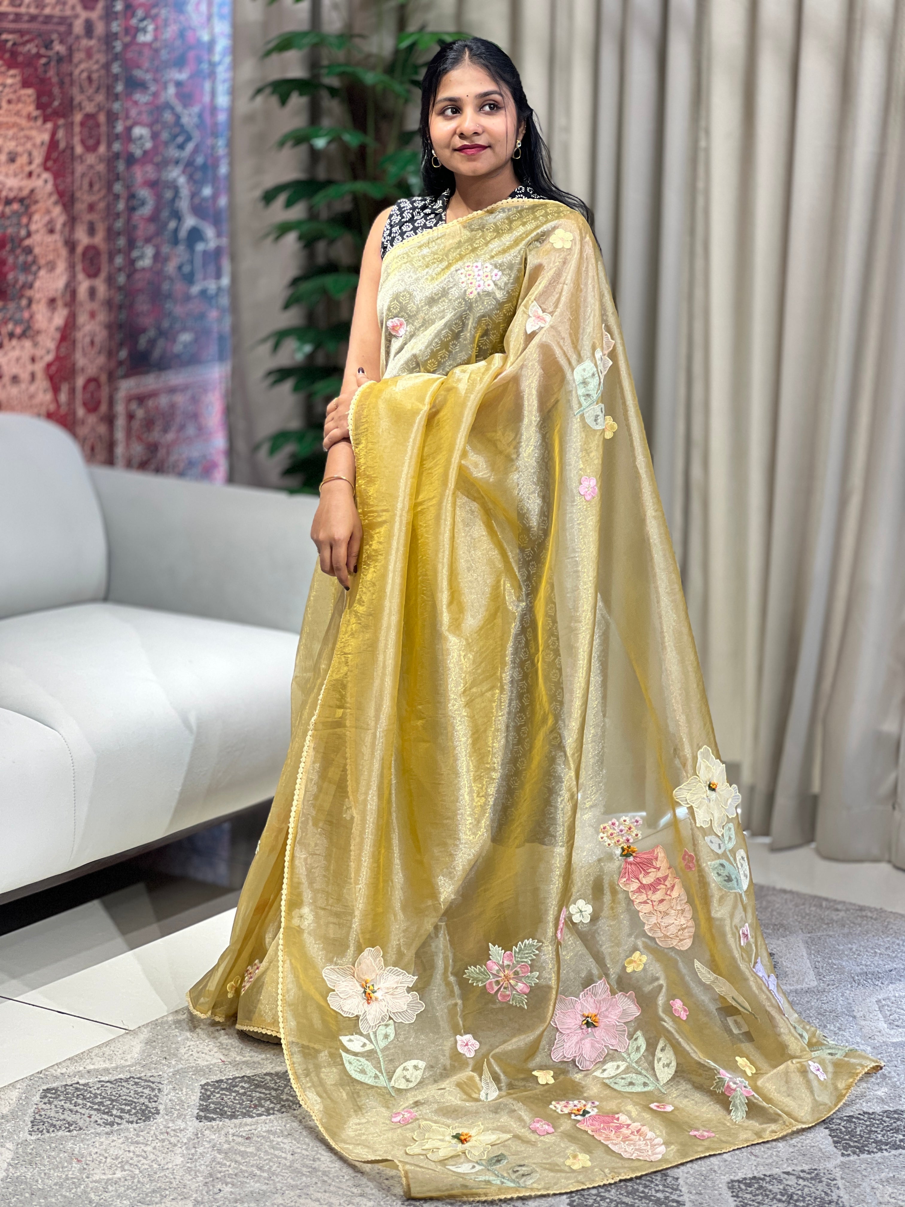 Floral Applique & Embroidery Detailed Shimmer Organza Saree | BLD1696