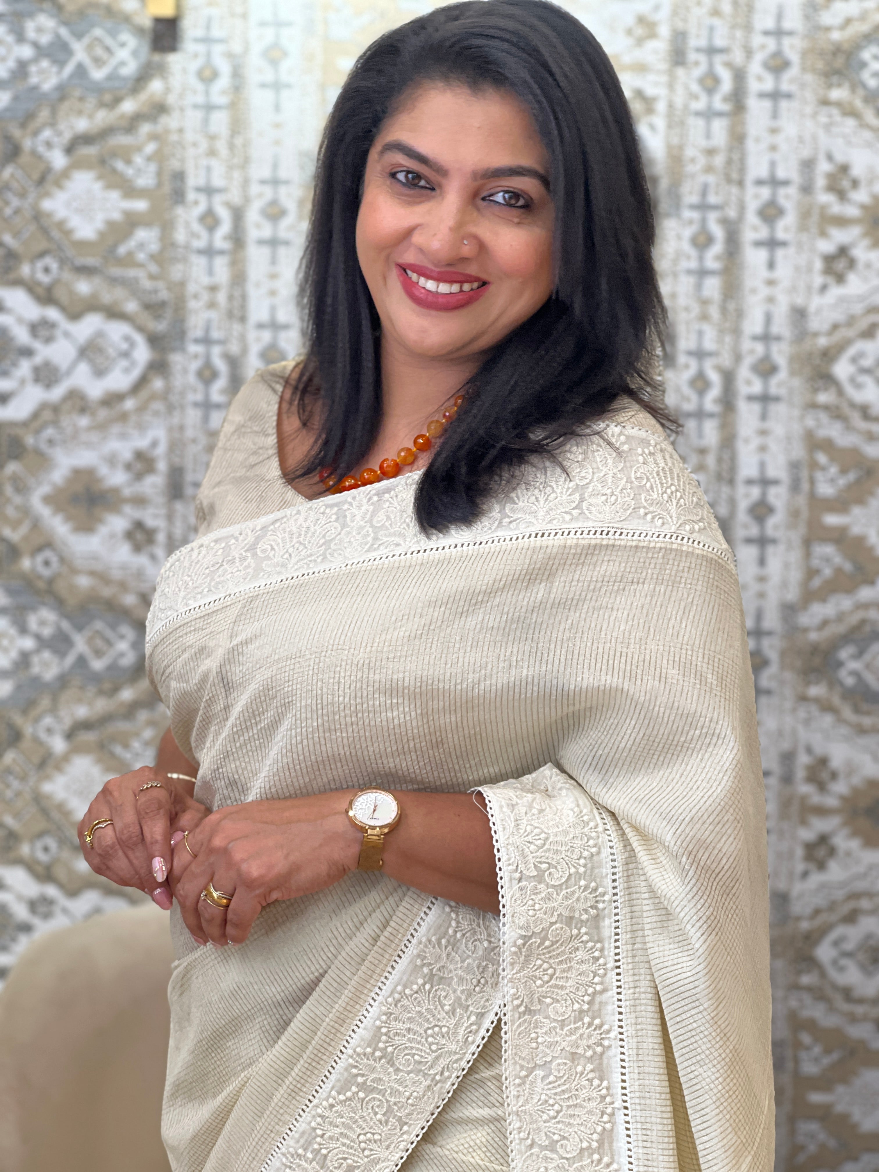 Lucknowi Inspired Embroidery Pattern Mul Chanderi Saree | MM609