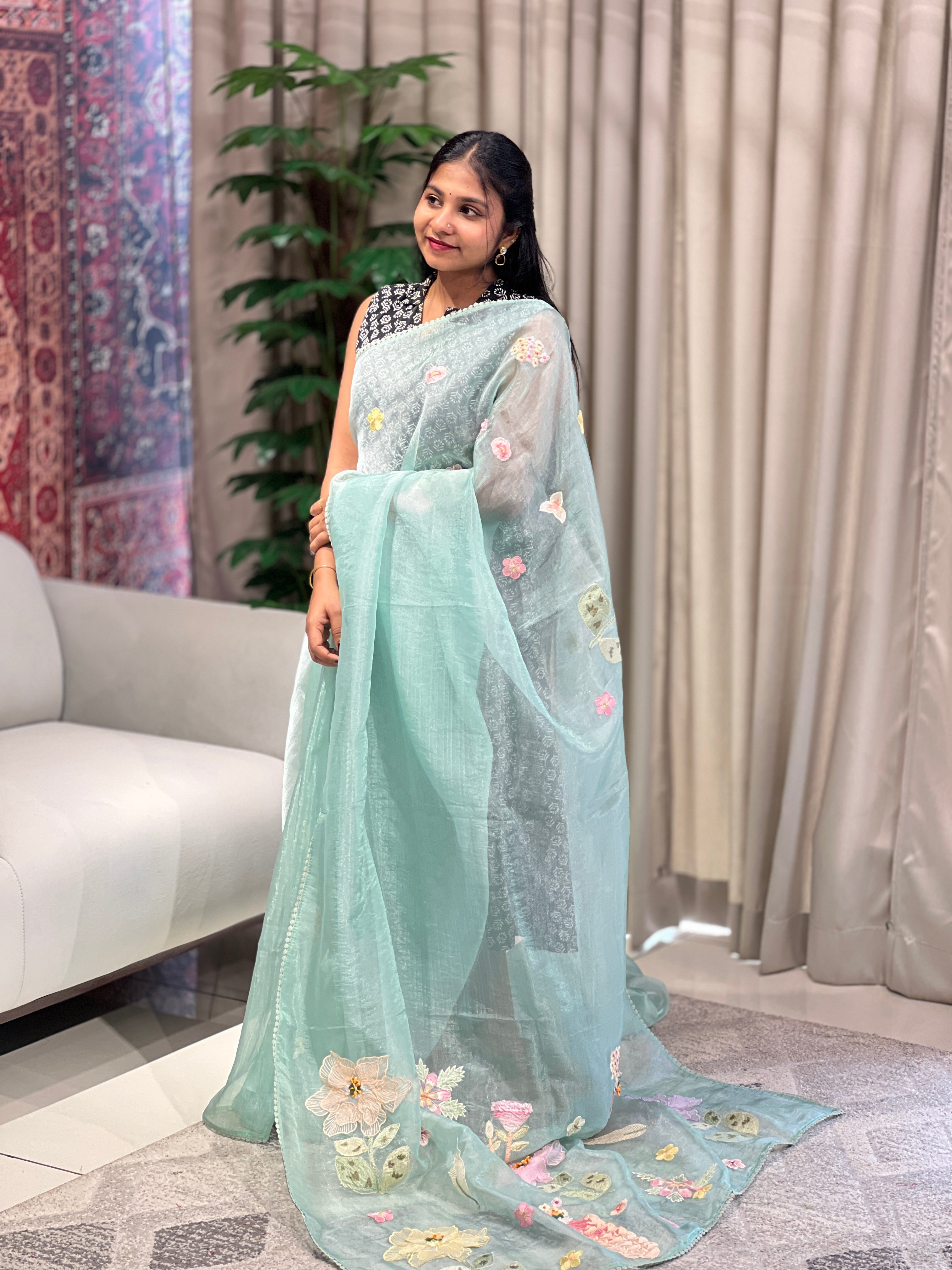 Floral Applique & Embroidery Detailed Shimmer Organza Saree | BLD1695