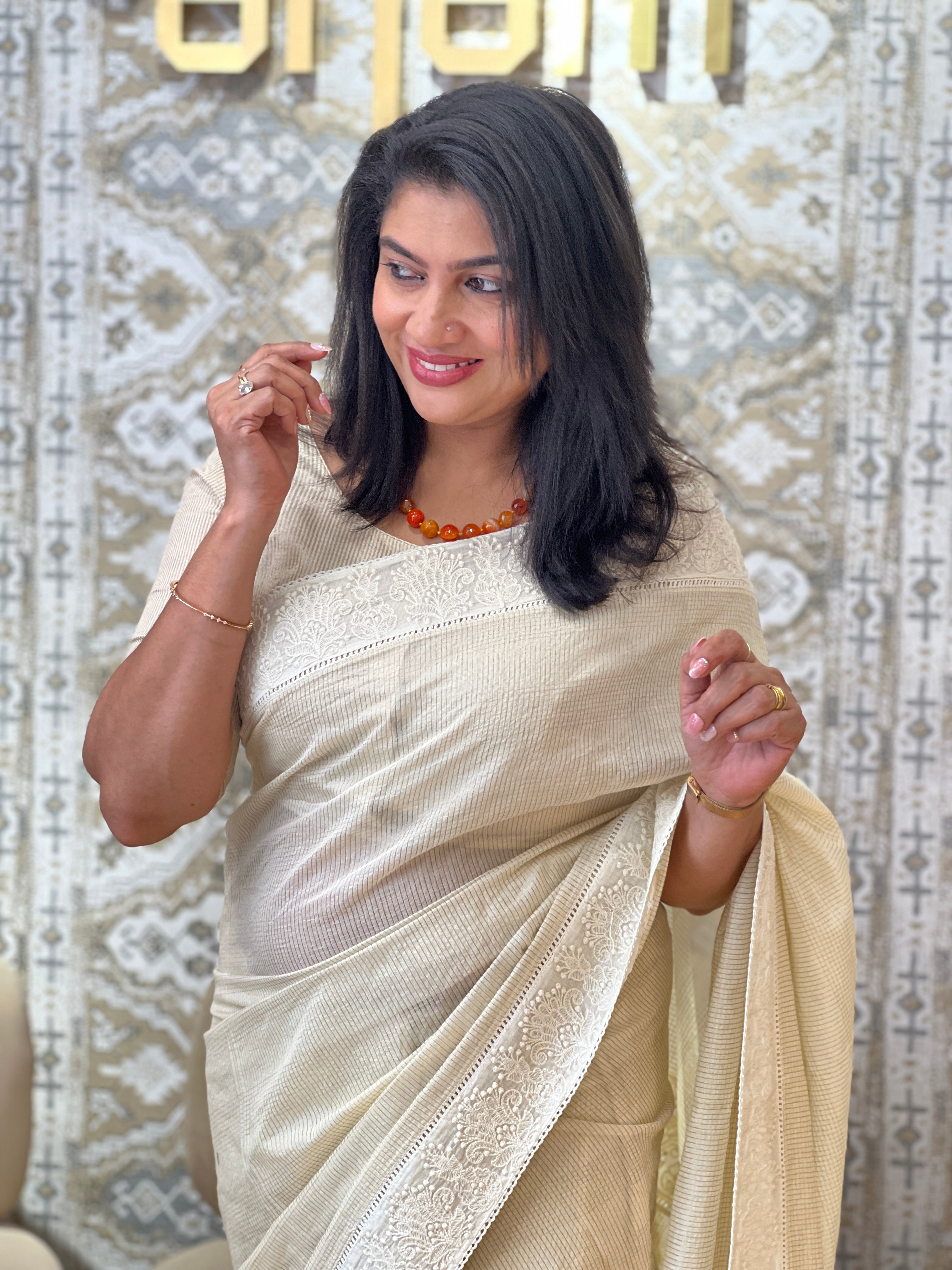 Lucknowi Inspired Embroidery Pattern Mul Chanderi Saree | MM609