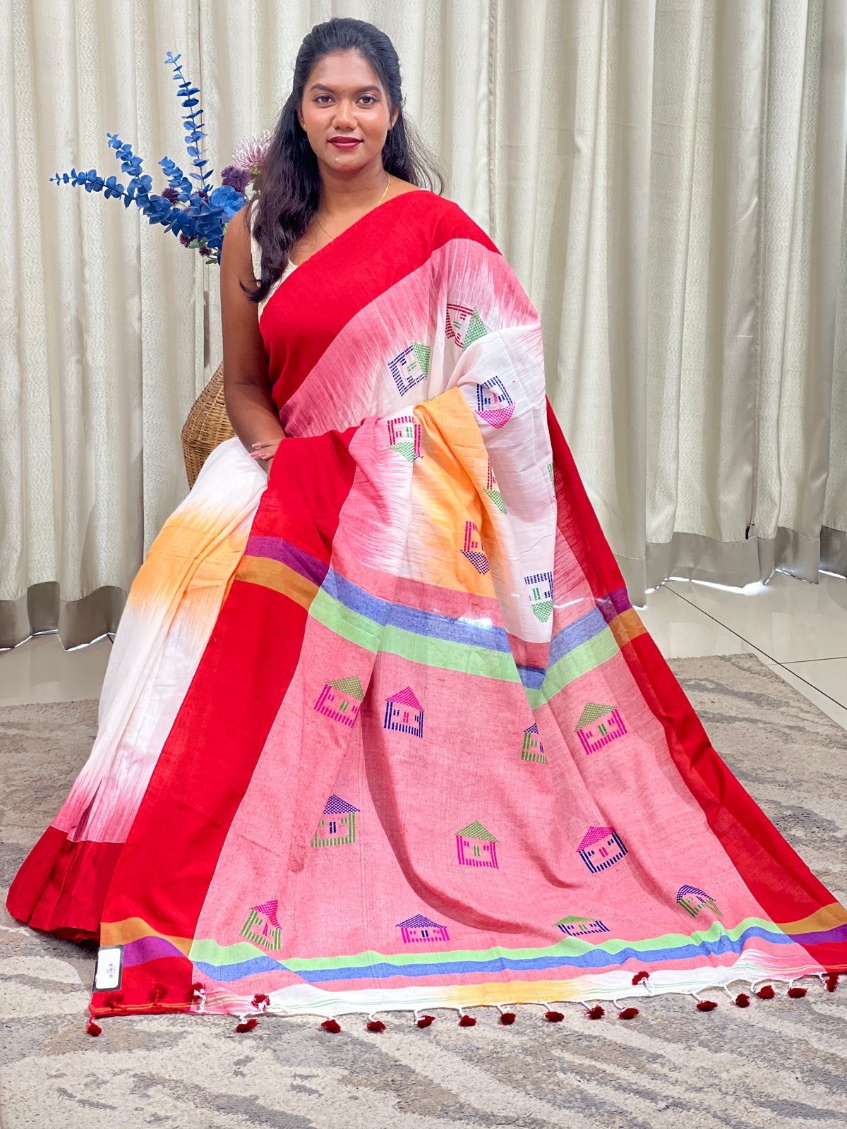 Floral Weaved Pattern Cotton Saree | DN820