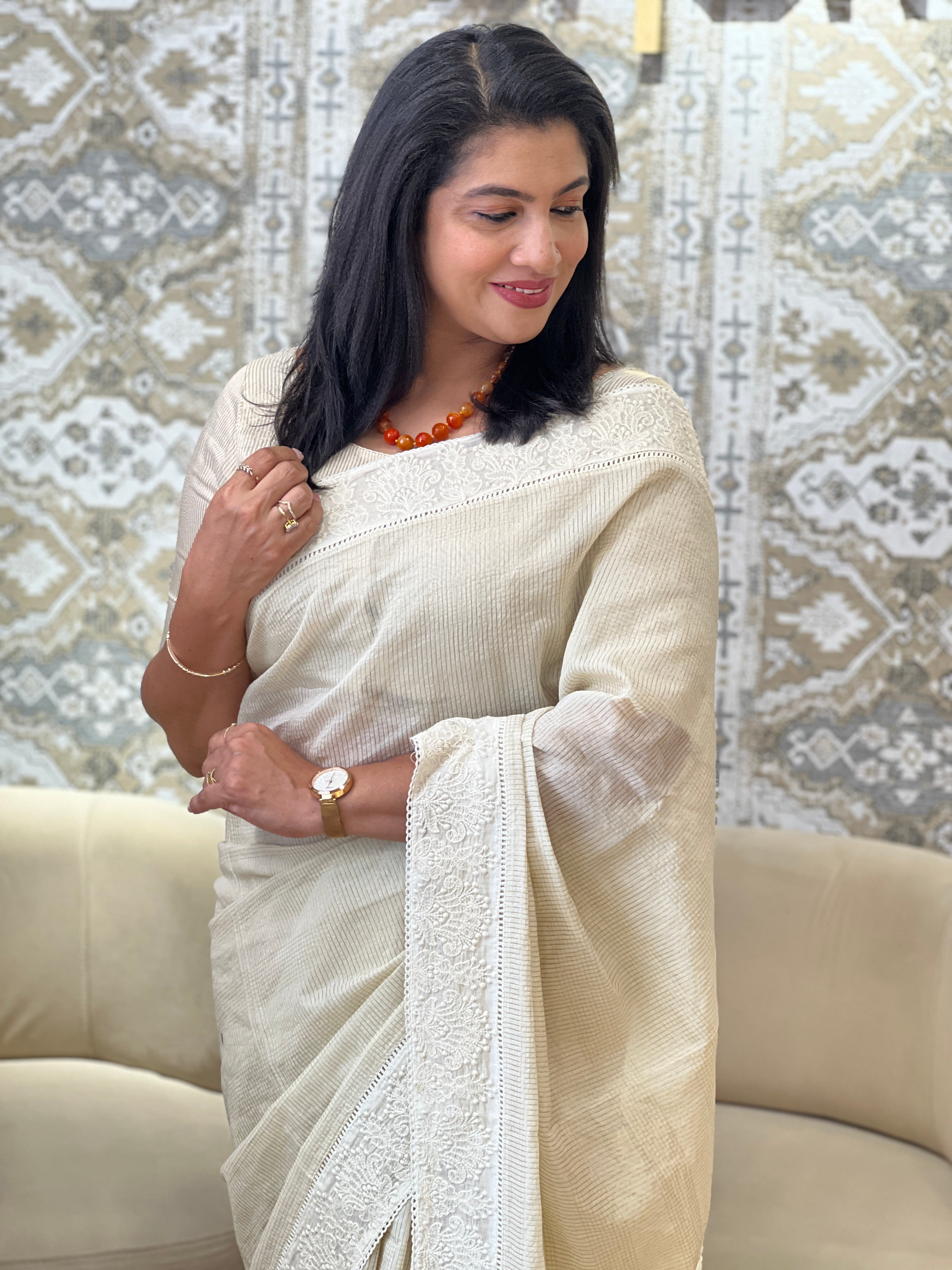 Lucknowi Inspired Embroidery Pattern Mul Chanderi Saree | MM609