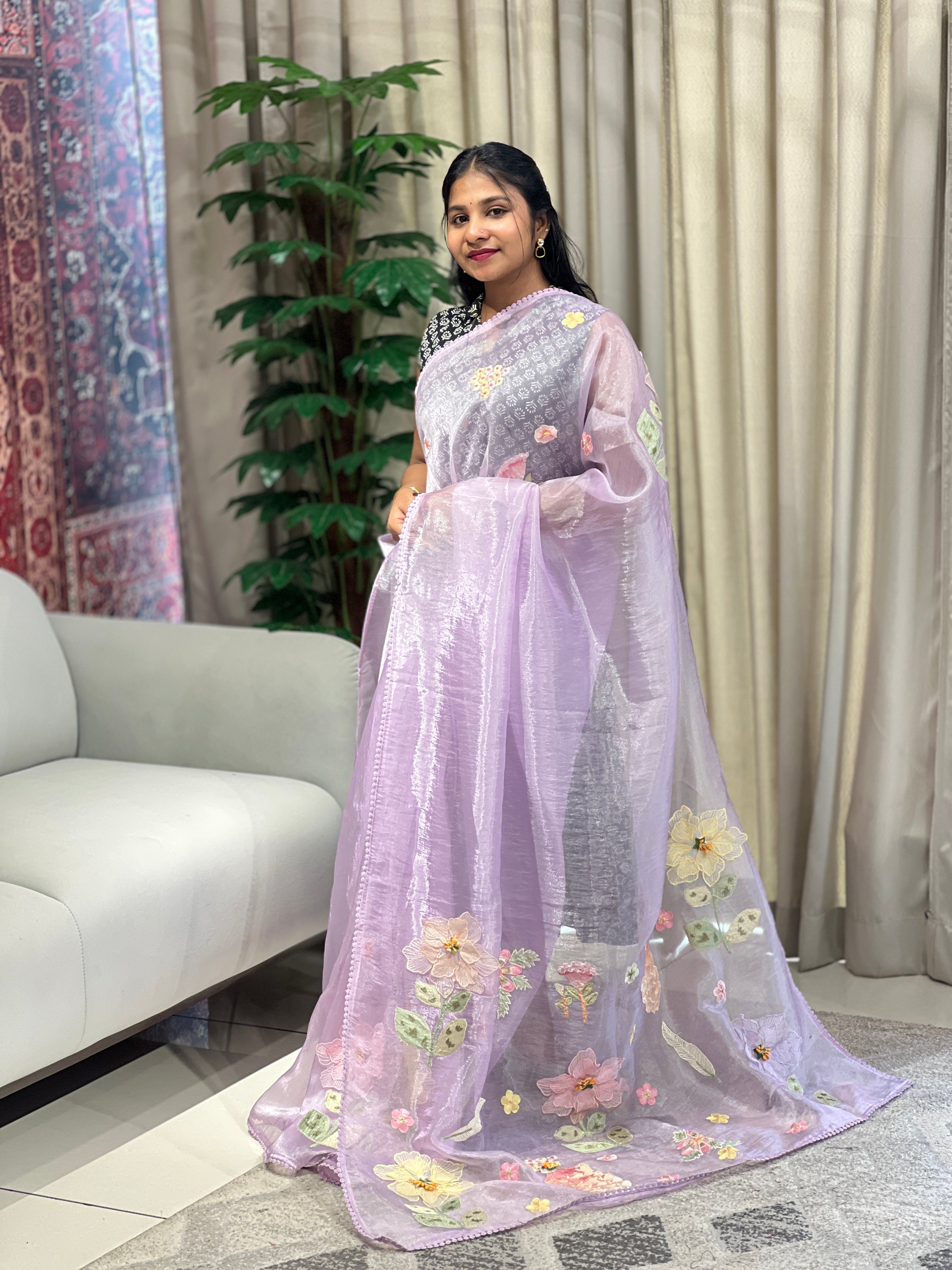 Floral Applique & Embroidery Detailed Shimmer Organza Saree | BLD1697