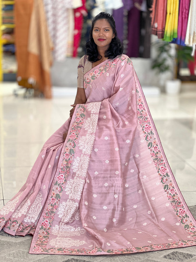 Cross Stitch & Lucknowi Embroidered Semi Tussar Saree | SUN155