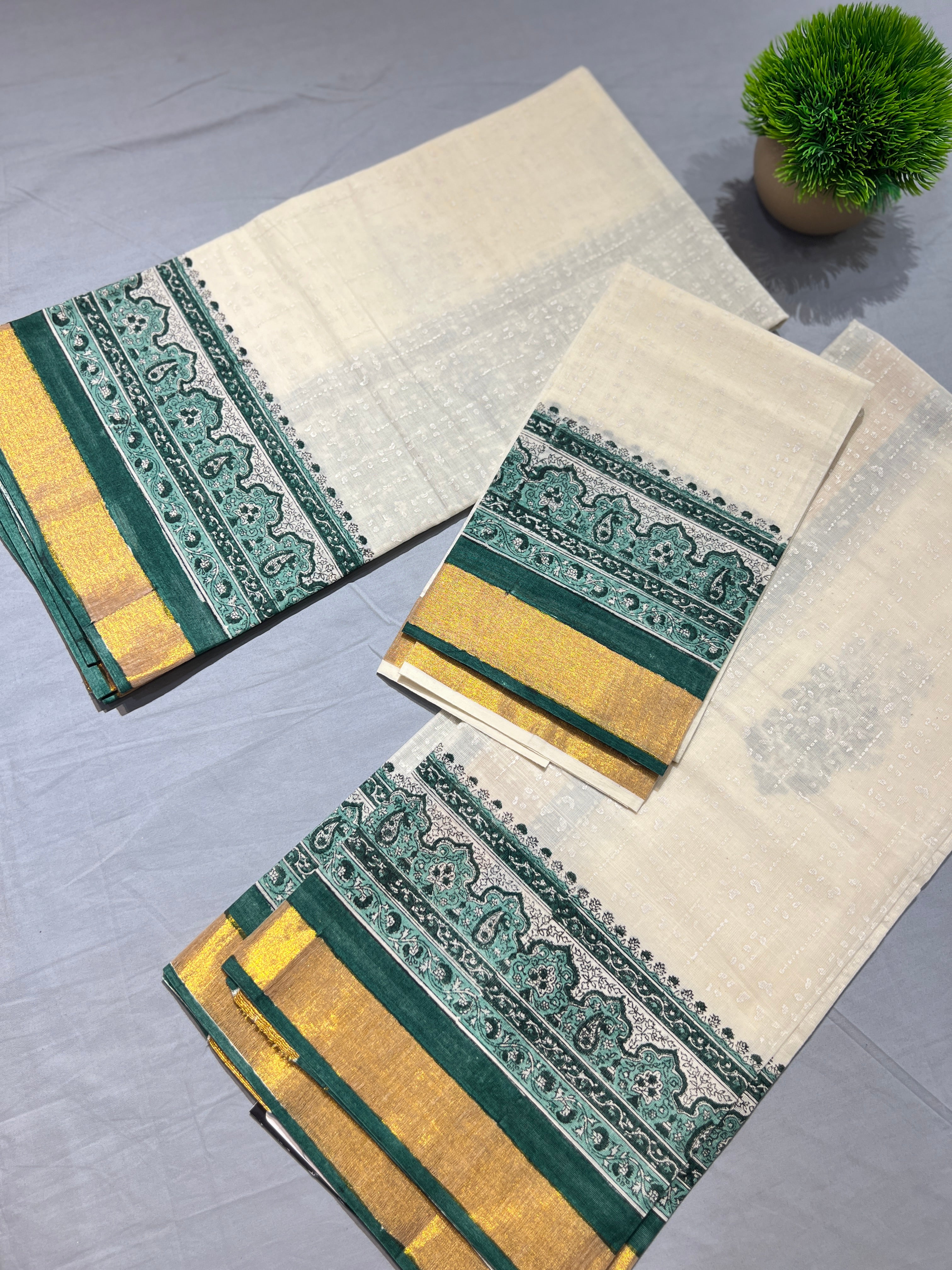 Paisley & Temple-Inspired Hand Block Printed Cotton Set Mundu |JSC313