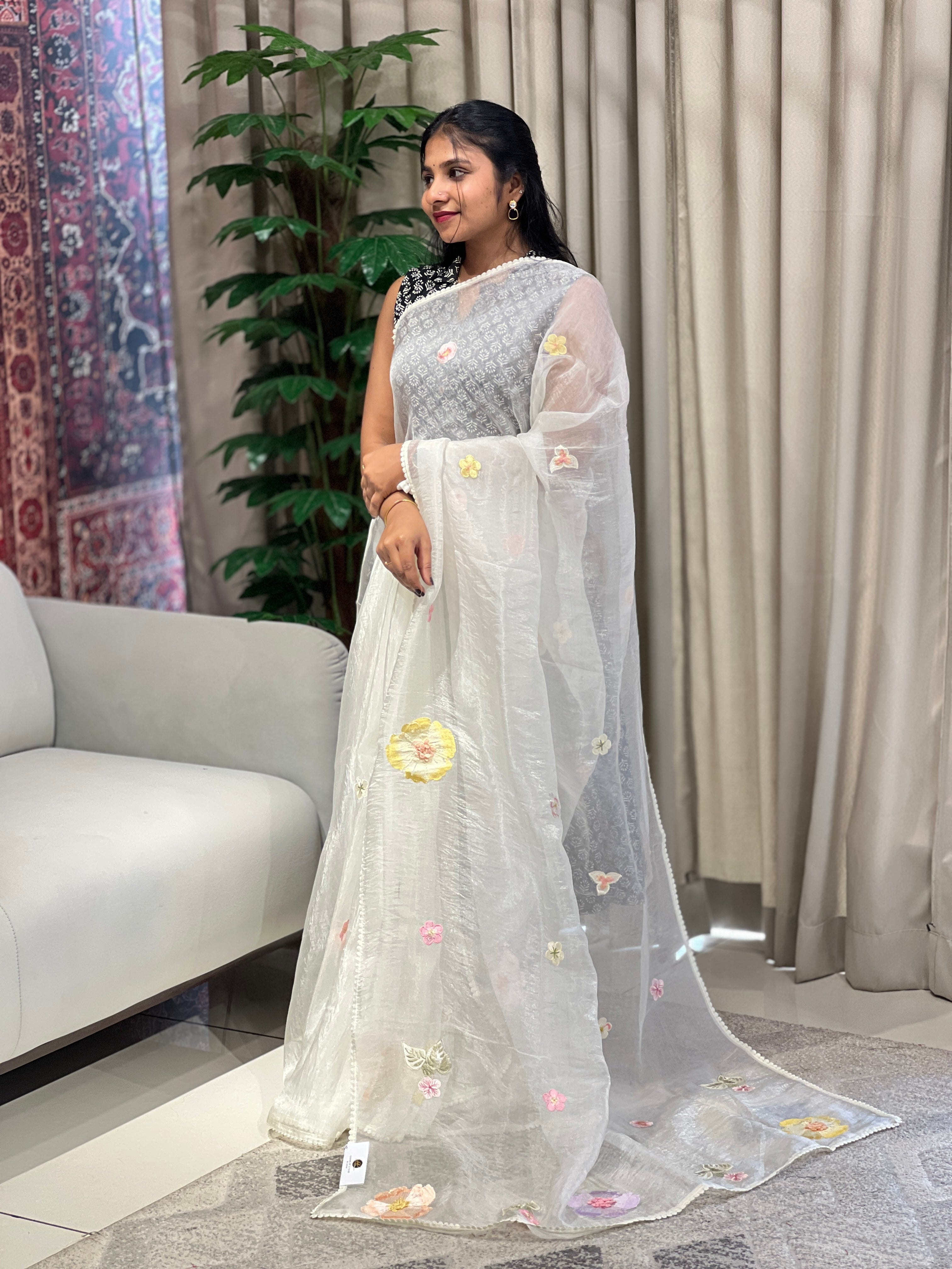 Floral Embroidery Detailed Shimmer Organza Saree | BLD1705