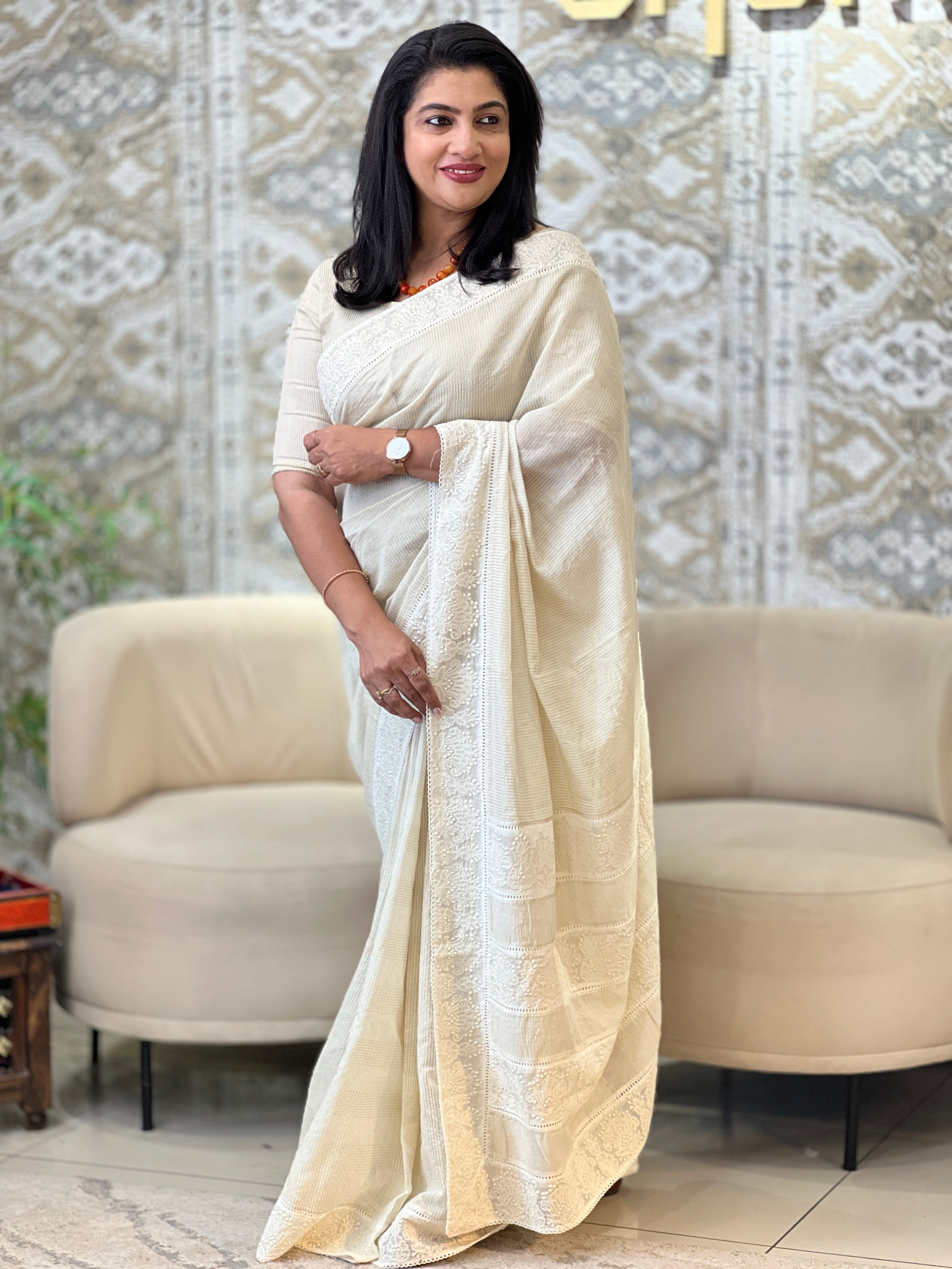Lucknowi Inspired Embroidery Pattern Mul Chanderi Saree | MM609