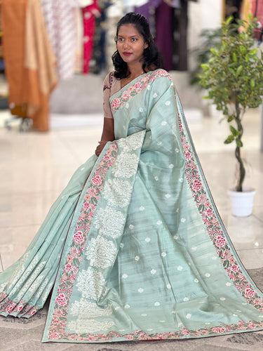 Cross Stitch & Lucknowi Embroidered Semi Tussar Saree | SUN154