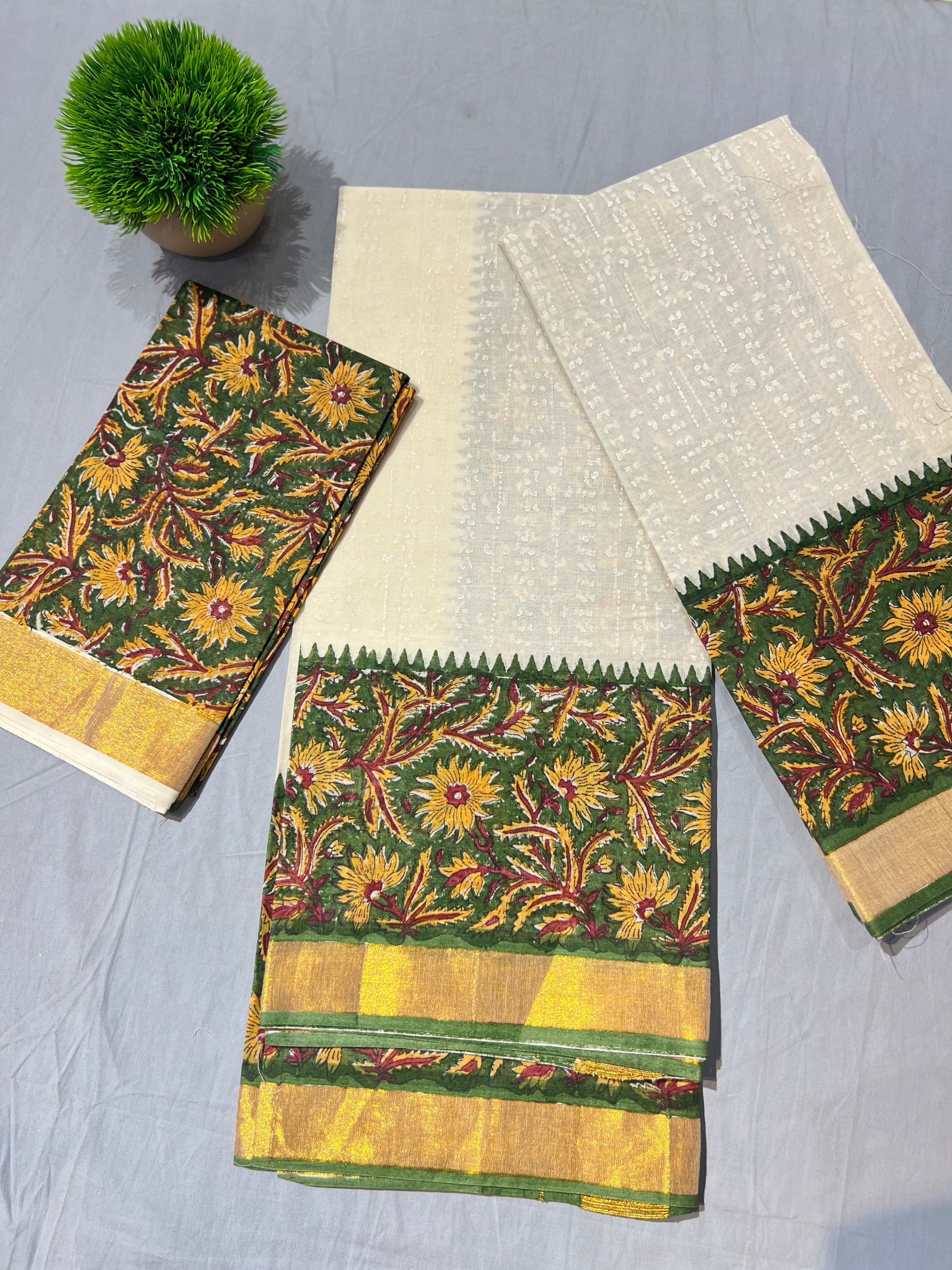 Floral Hand Block Printed Cotton Set Mundu |JSC307