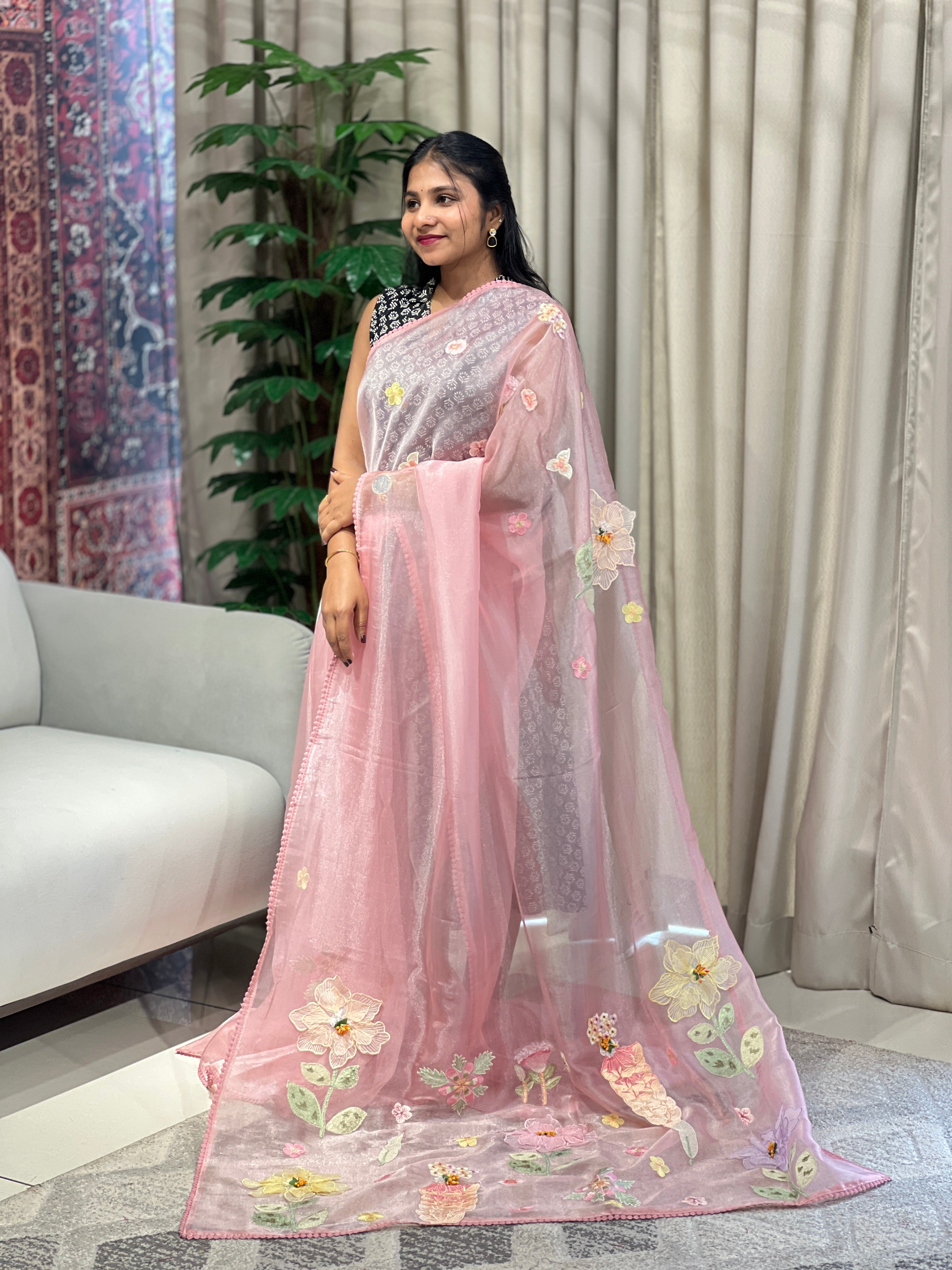 Floral Applique & Embroidery Detailed Shimmer Organza Saree | BLD1694