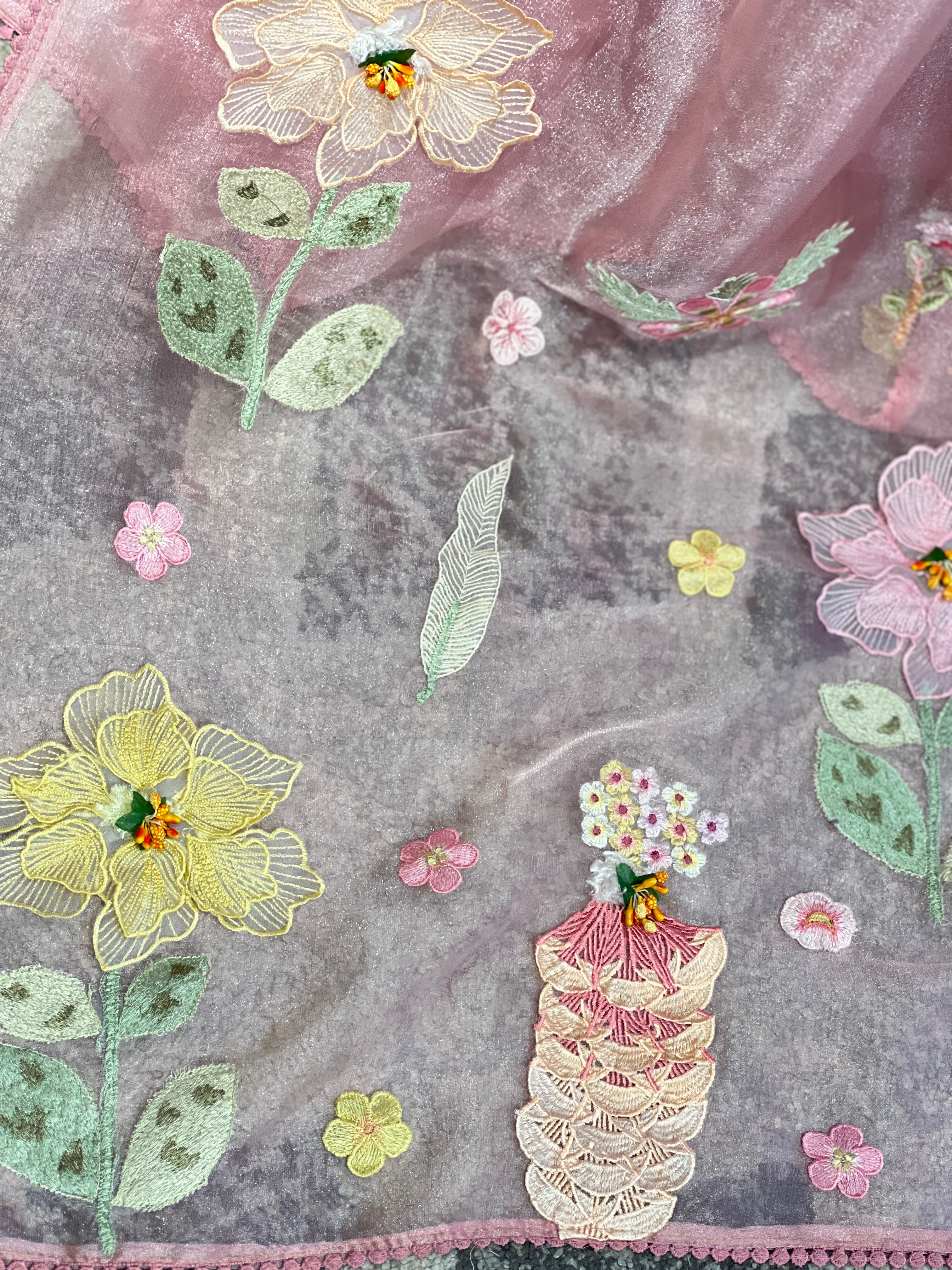 Floral Applique & Embroidery Detailed Shimmer Organza Saree | BLD1694