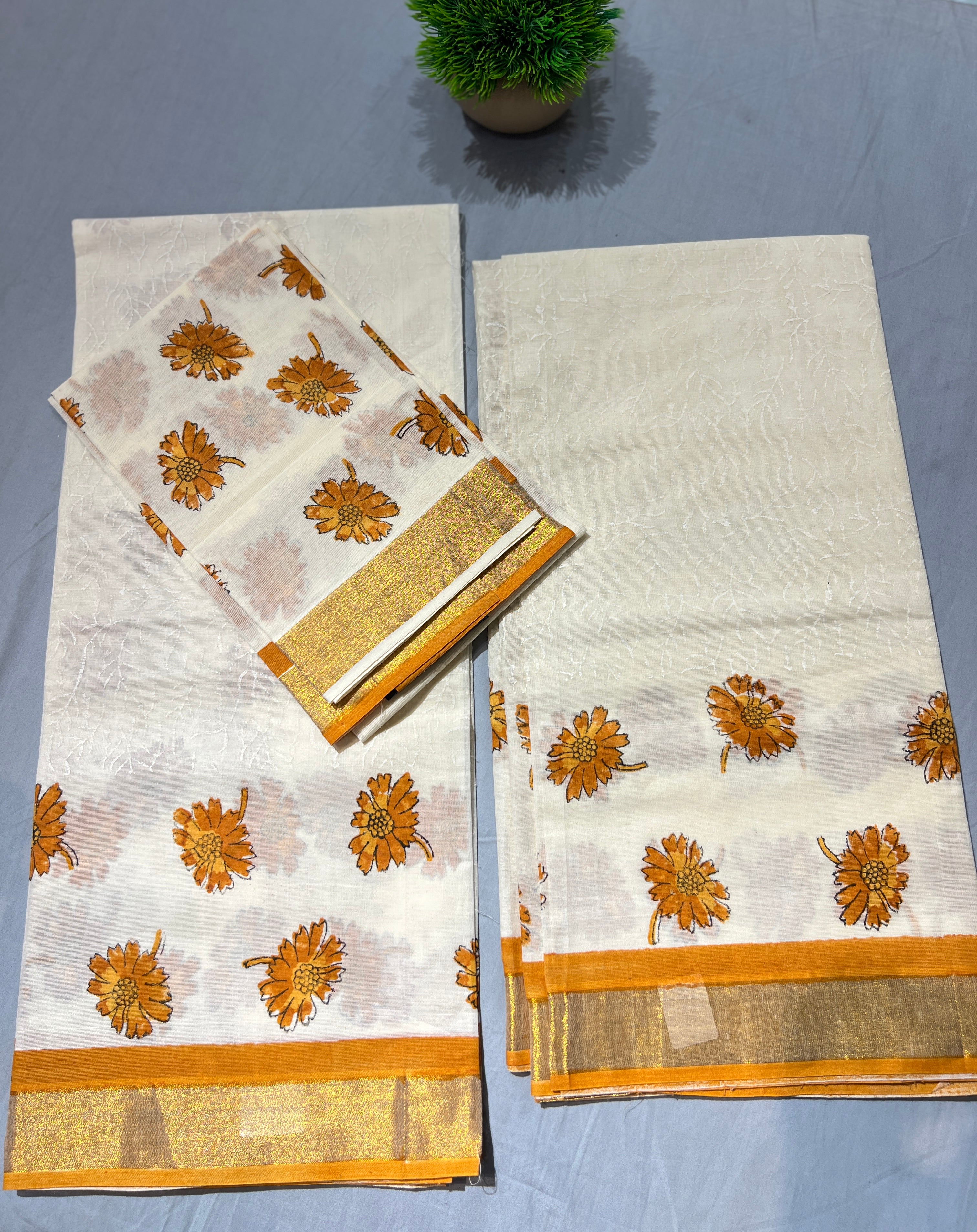 Gracefull Scattered Floral Block Print Cotton Set Mundu |JSC312